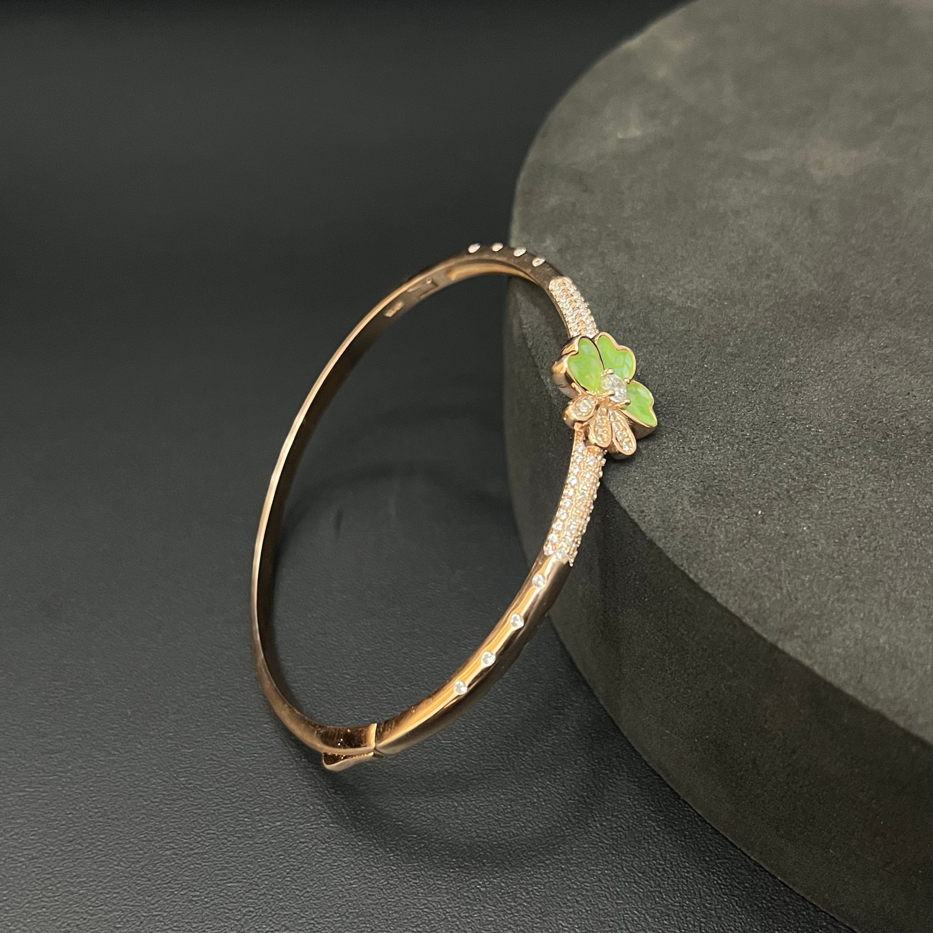 Silver Ladies Kada Flower Green Rosegold