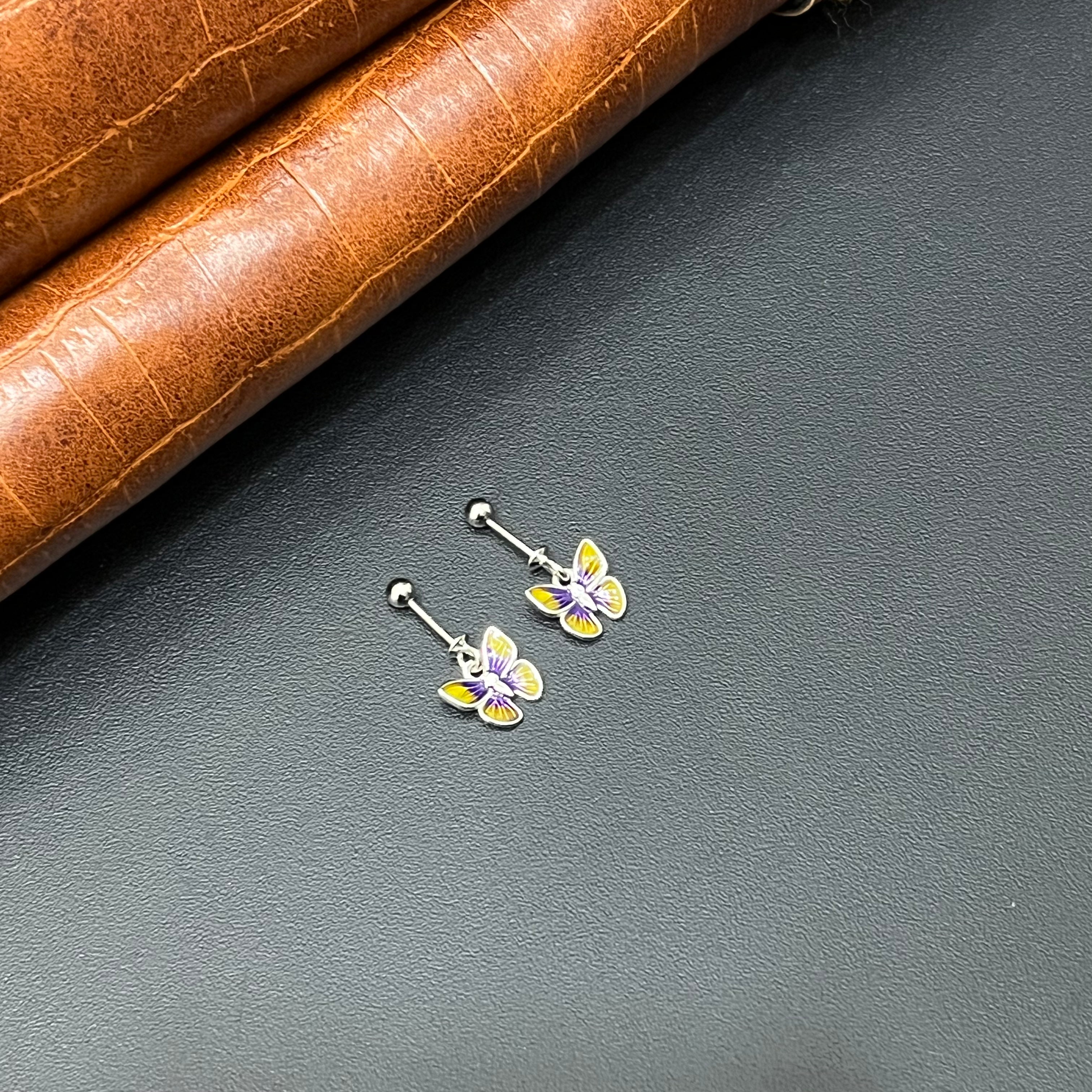 Silver Helix Studs Butterfly Orangeish Yellow