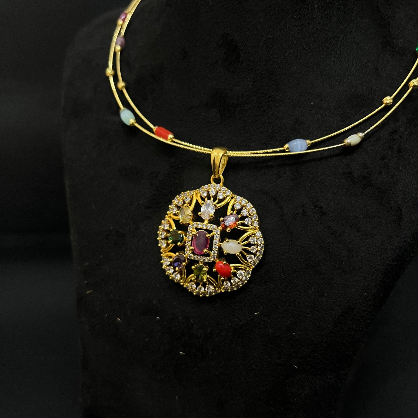Silver Necklace Gold Finished Navratna Stones DS01