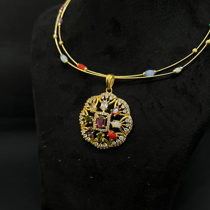 Silver Necklace Gold Finished Navratna Stones DS01