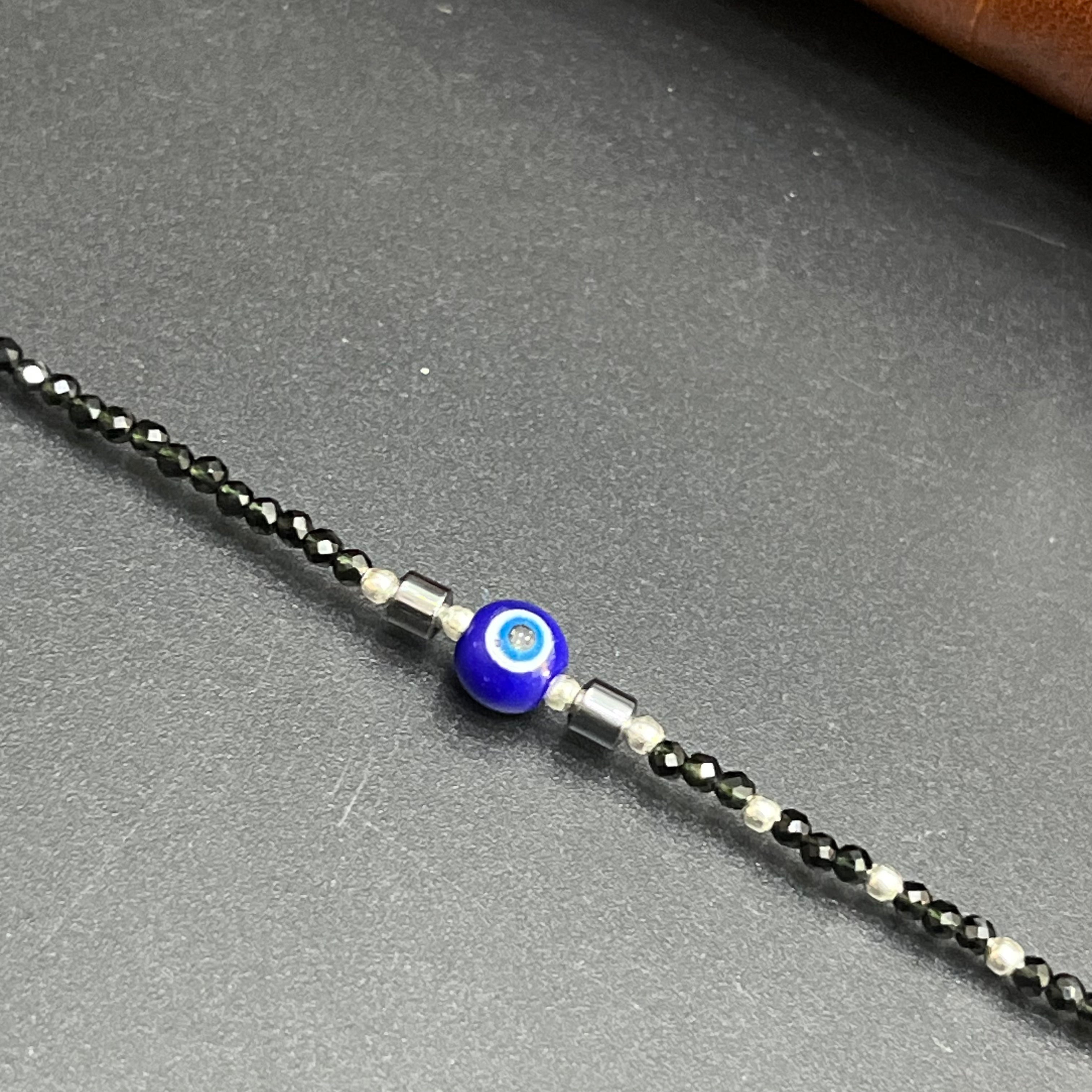 Silver Ladies Anklet Black Beeds Evil Eye 925