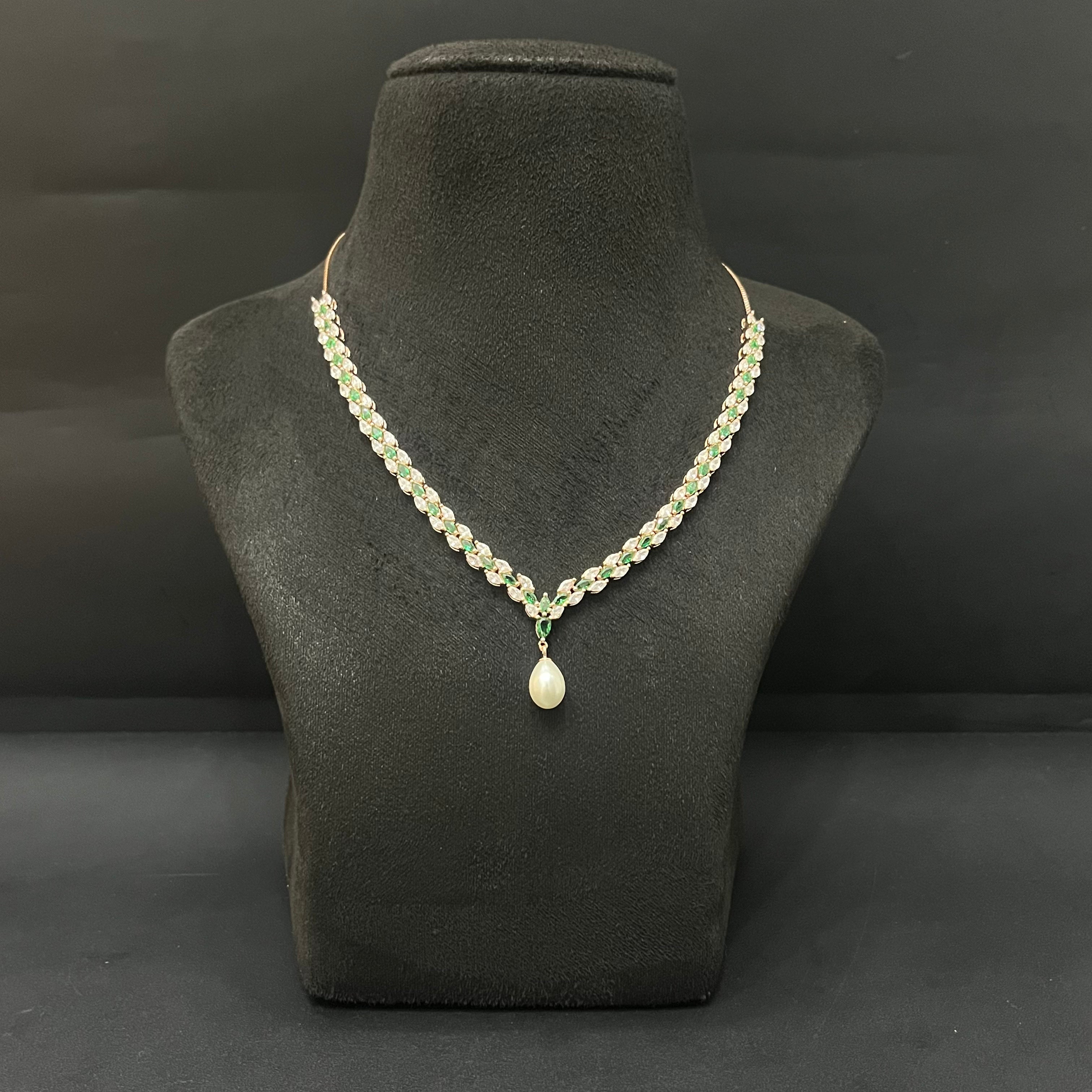 Silver Necklace American Diamond White & Green Stone Rosegold Finished