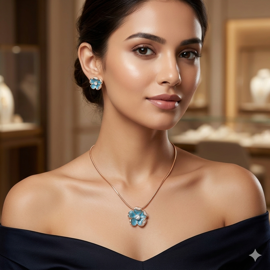 Silver Ladies Pendant Chain Blue Floral Rosegold