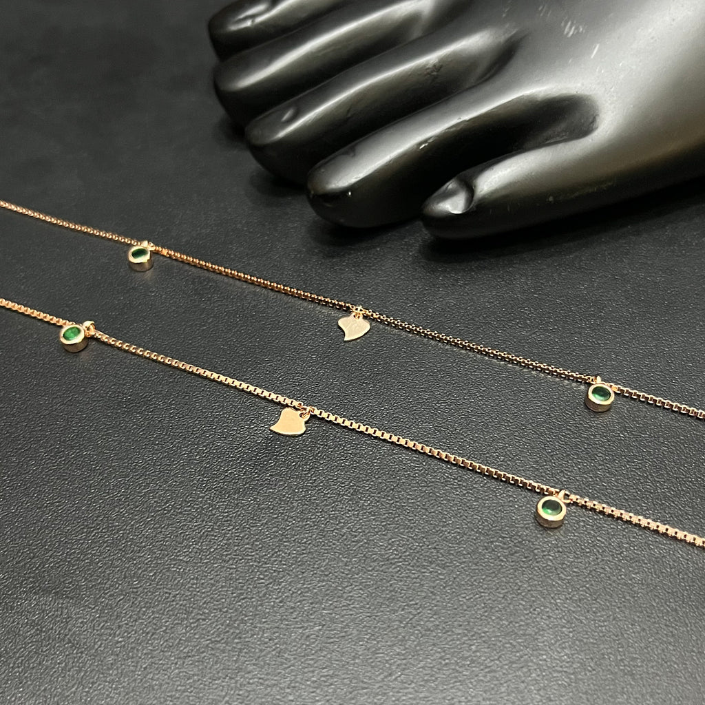 Silver Ladies Anklet Leaf & Emerald Grace Stone Rose Gold 925
