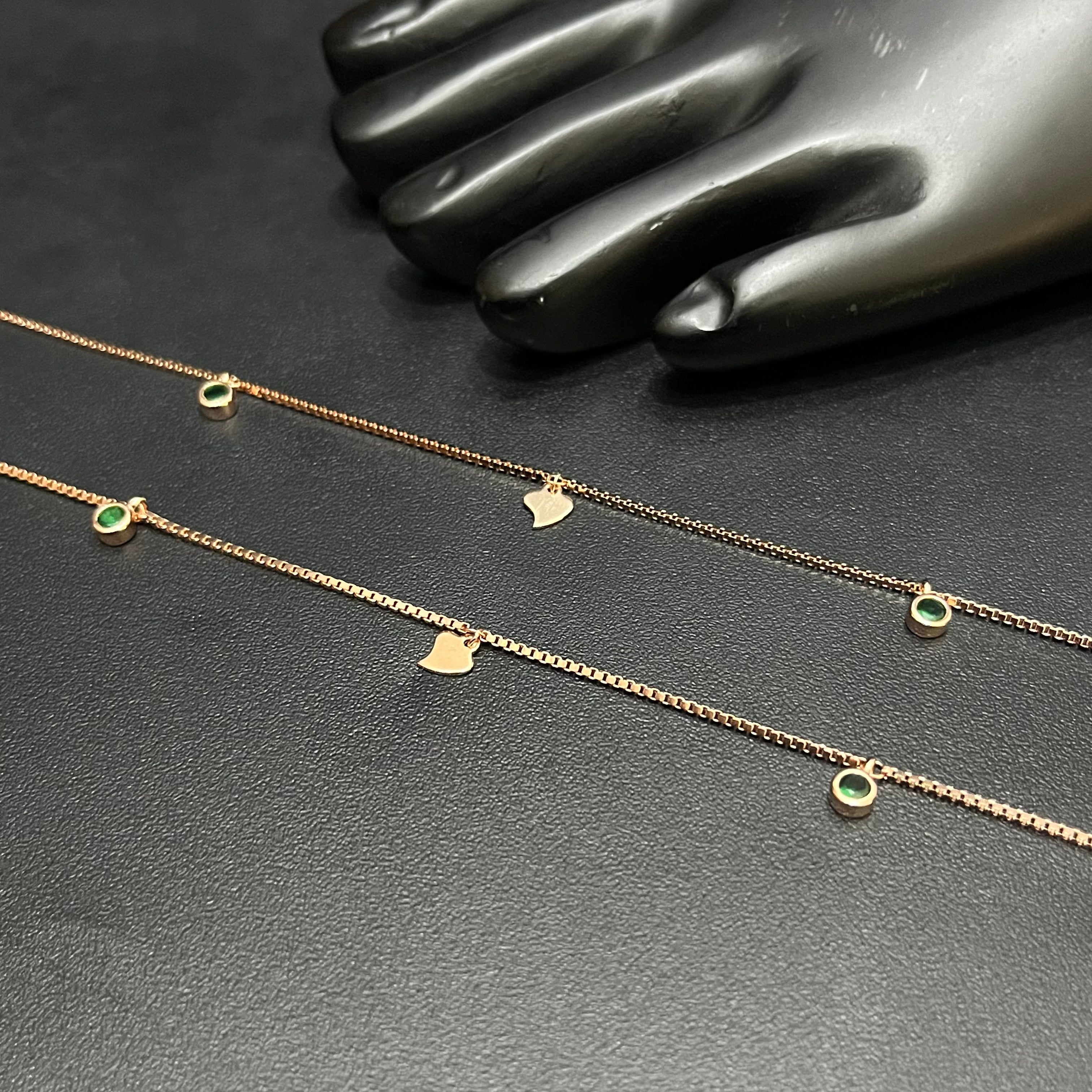 Silver Ladies Anklet Leaf & Emerald Grace Stone Rose Gold 925