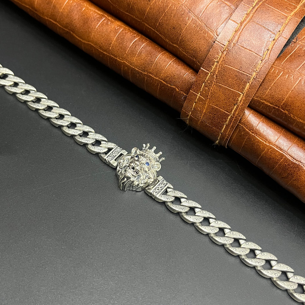 Silver Mens Bracelet Lion Emperor Premium Royal Look Cuban 925