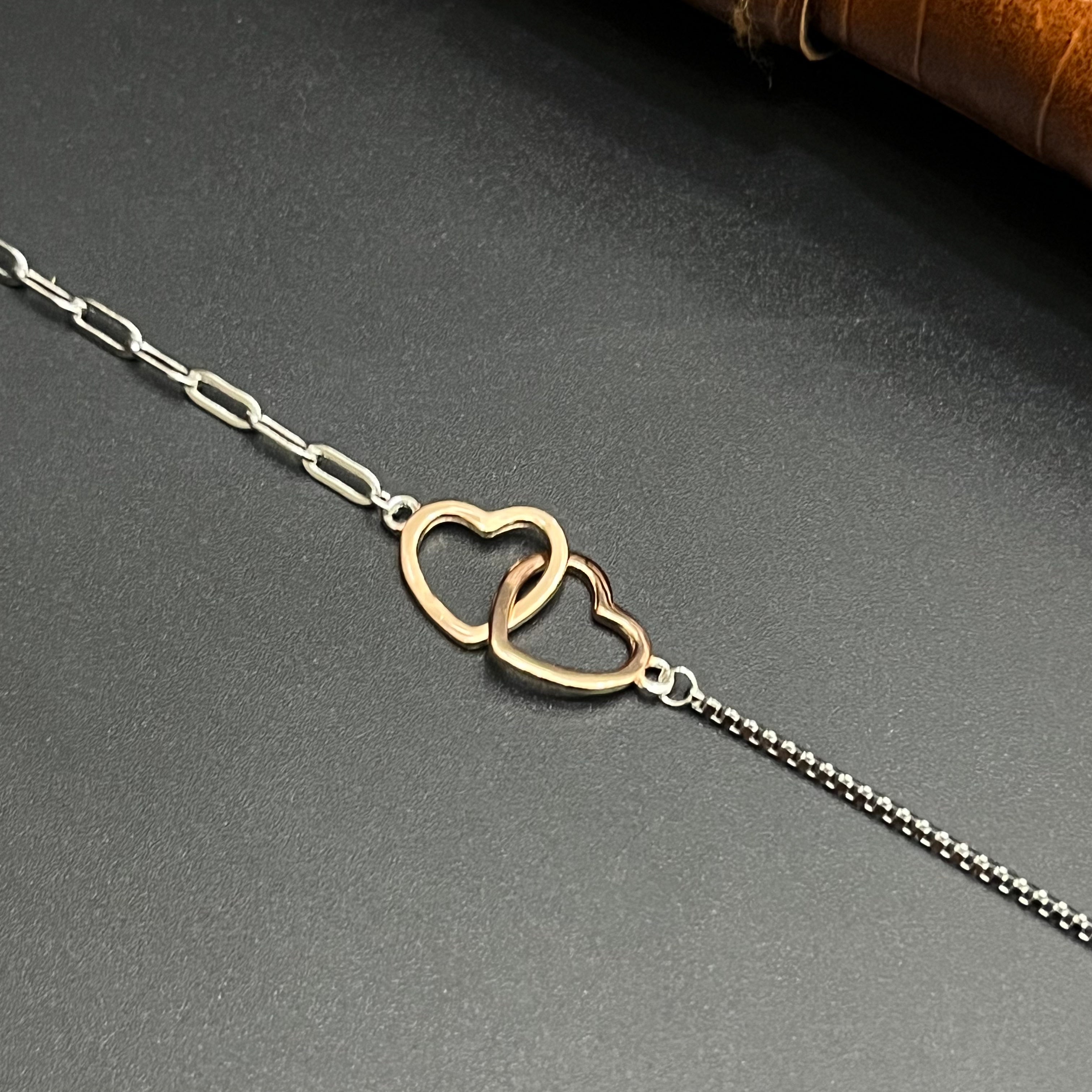 Silver Ladies Bracelet Two Heart Together Rose Gold & Layer Silver One 925