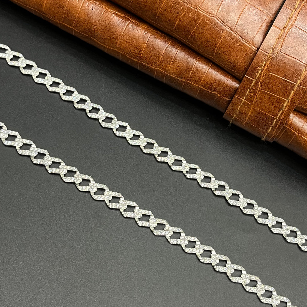 Silver Mens Chain Cuban Crystal Stone Premium Finish 925