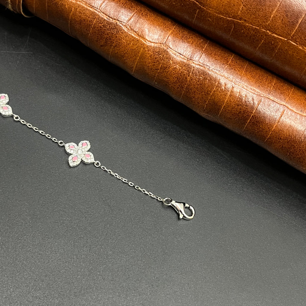 Silver Ladies Bracelet Floral Pink Crystal 925