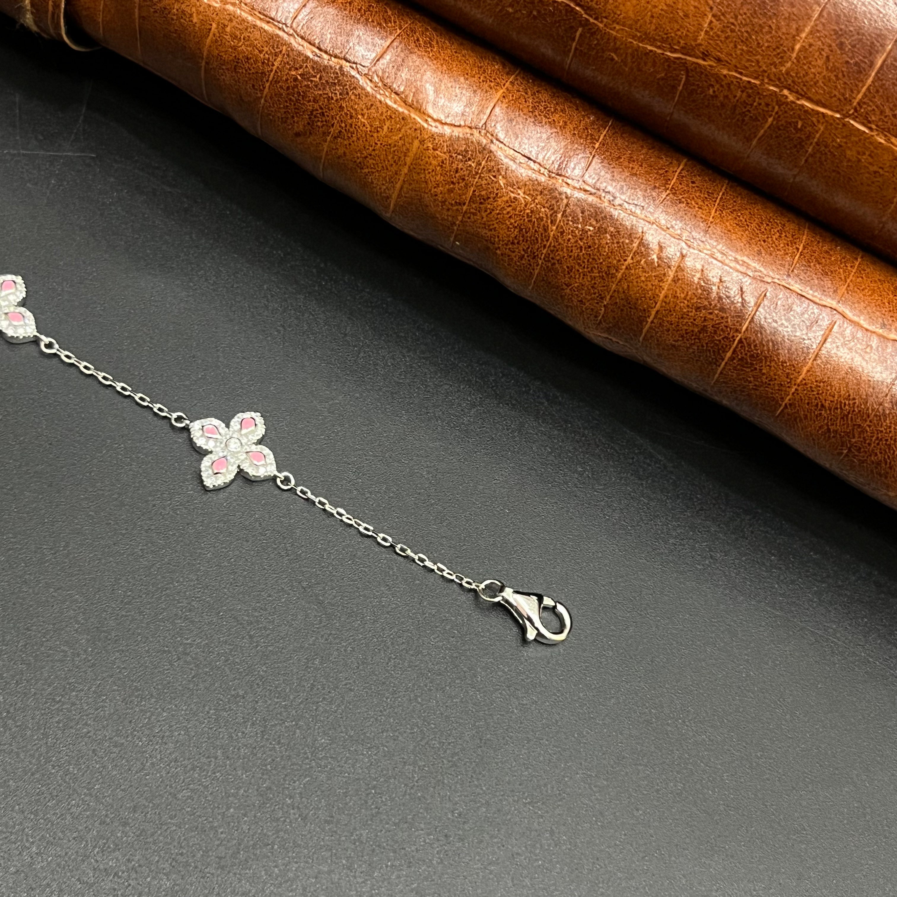 Silver Ladies Bracelet Floral Pink Crystal 925