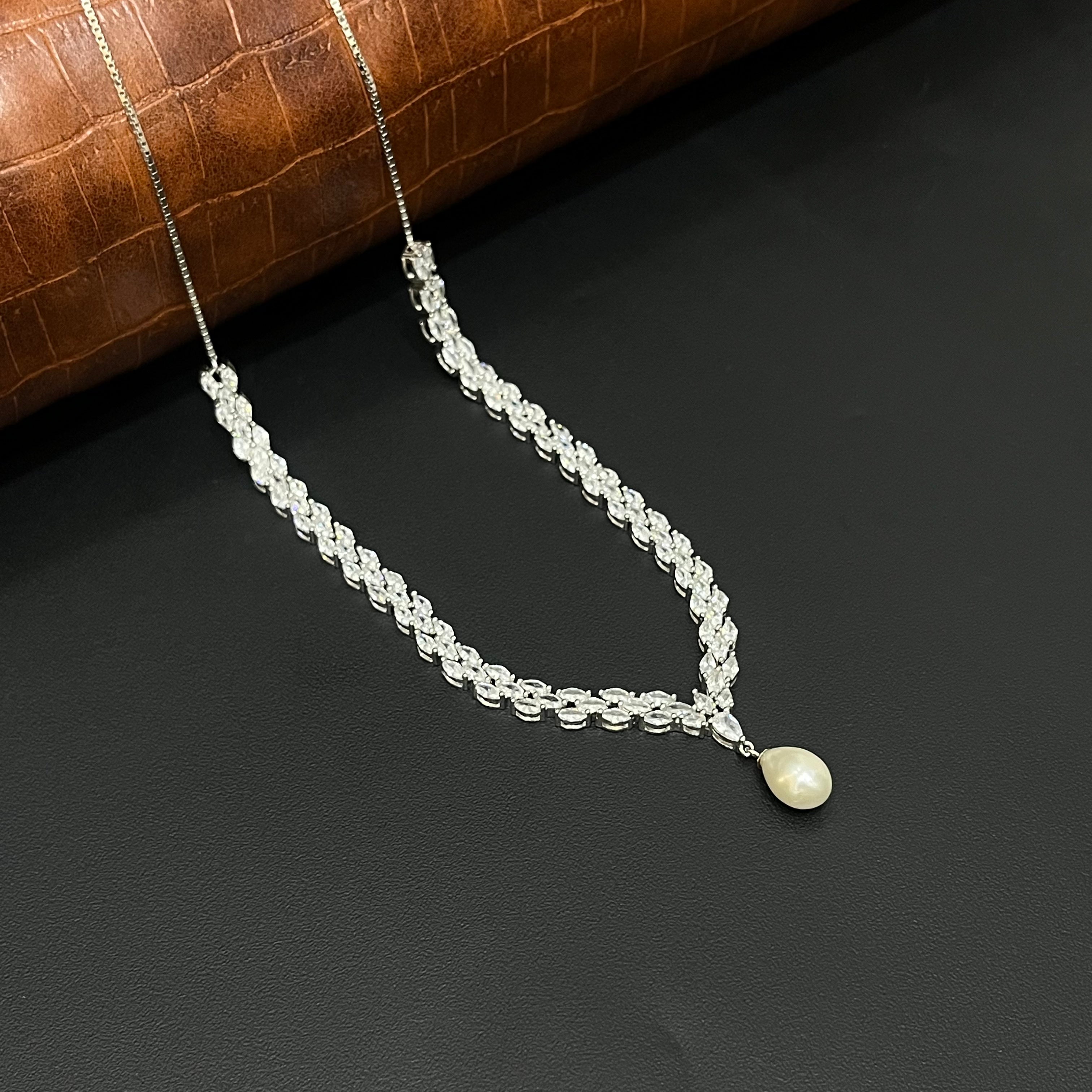 Silver Necklace CZ American Diamond with Pearl Hanging Stones