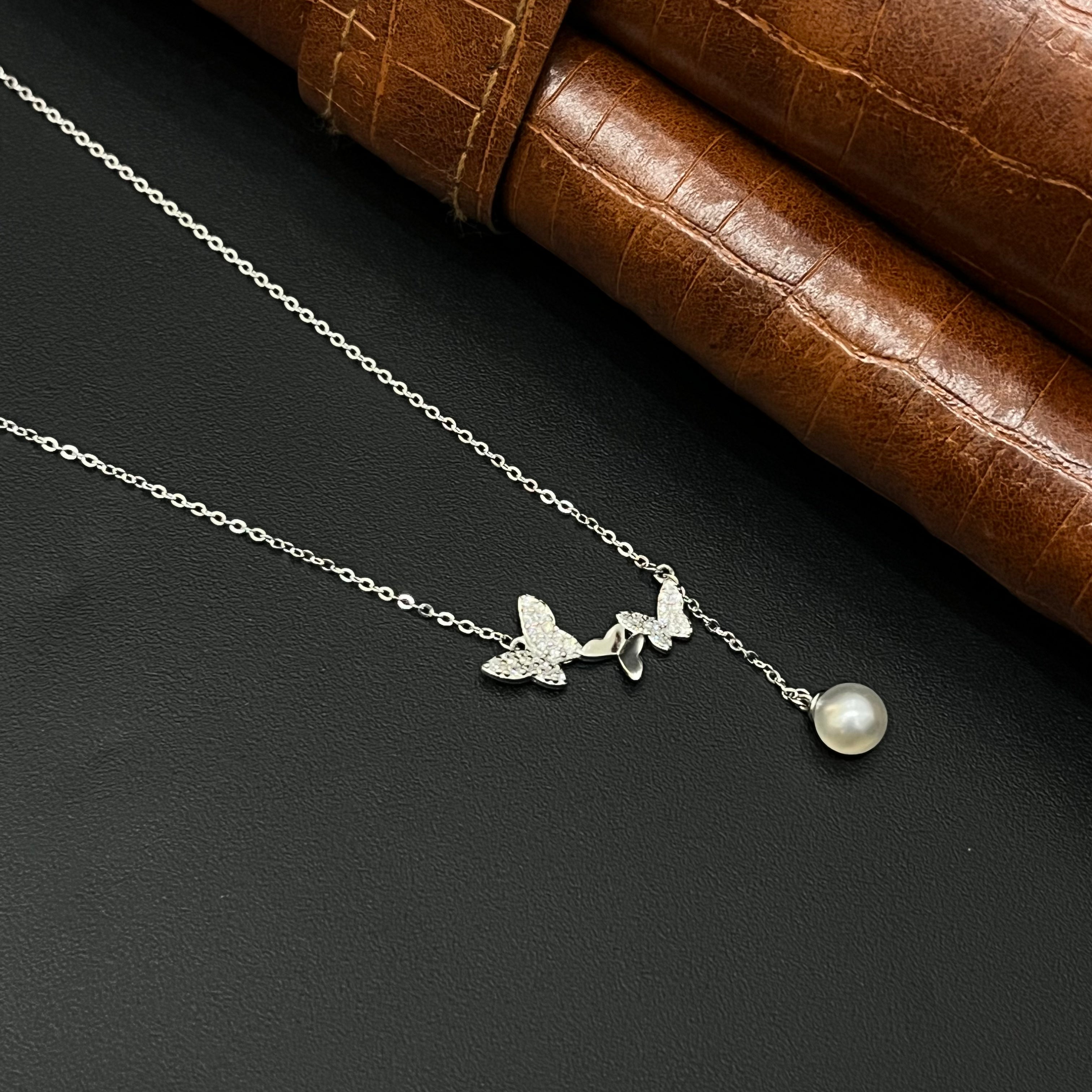 Silver Ladies Chain Double Butterfly With Pearl Hanging