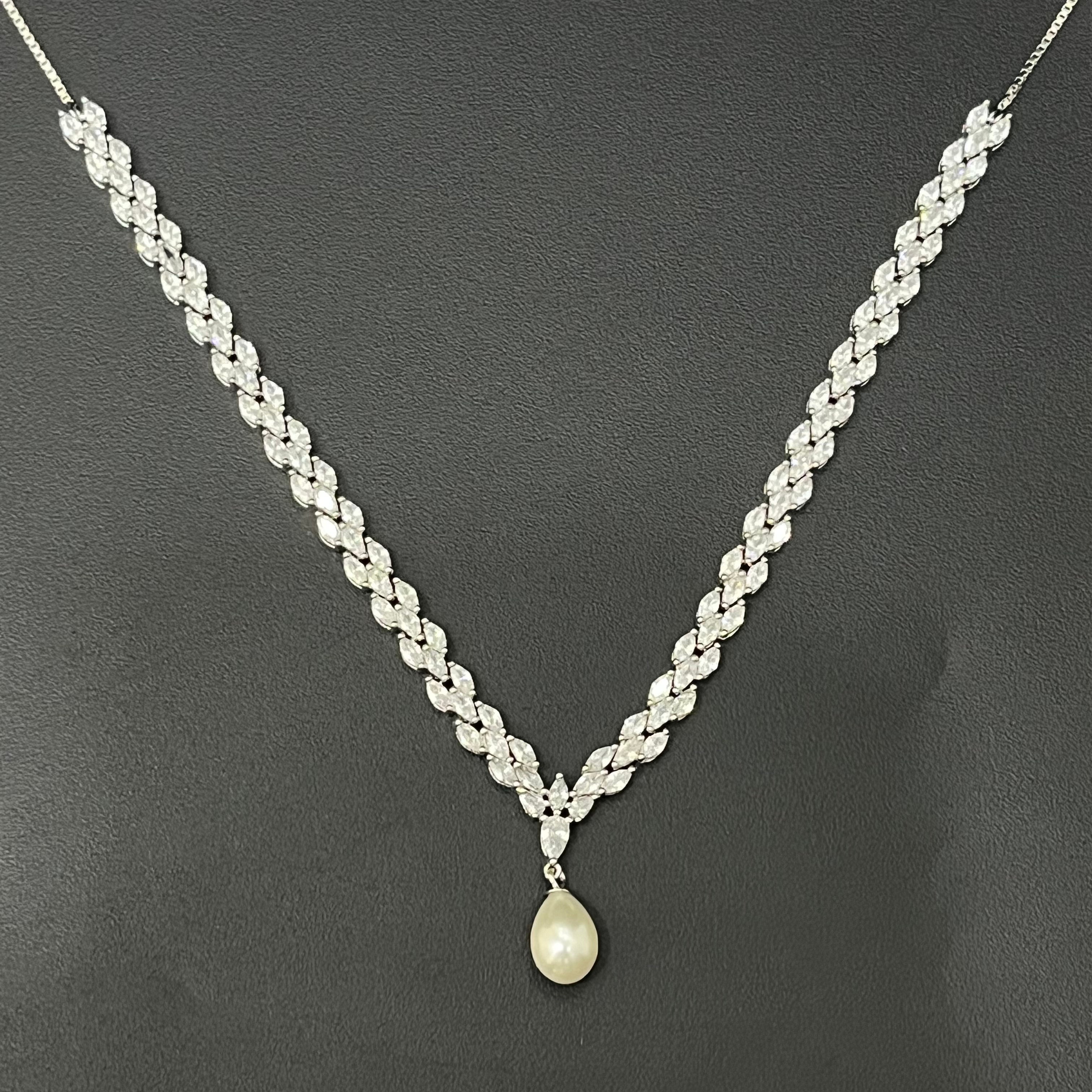 Silver Necklace CZ American Diamond with Pearl Hanging Stones