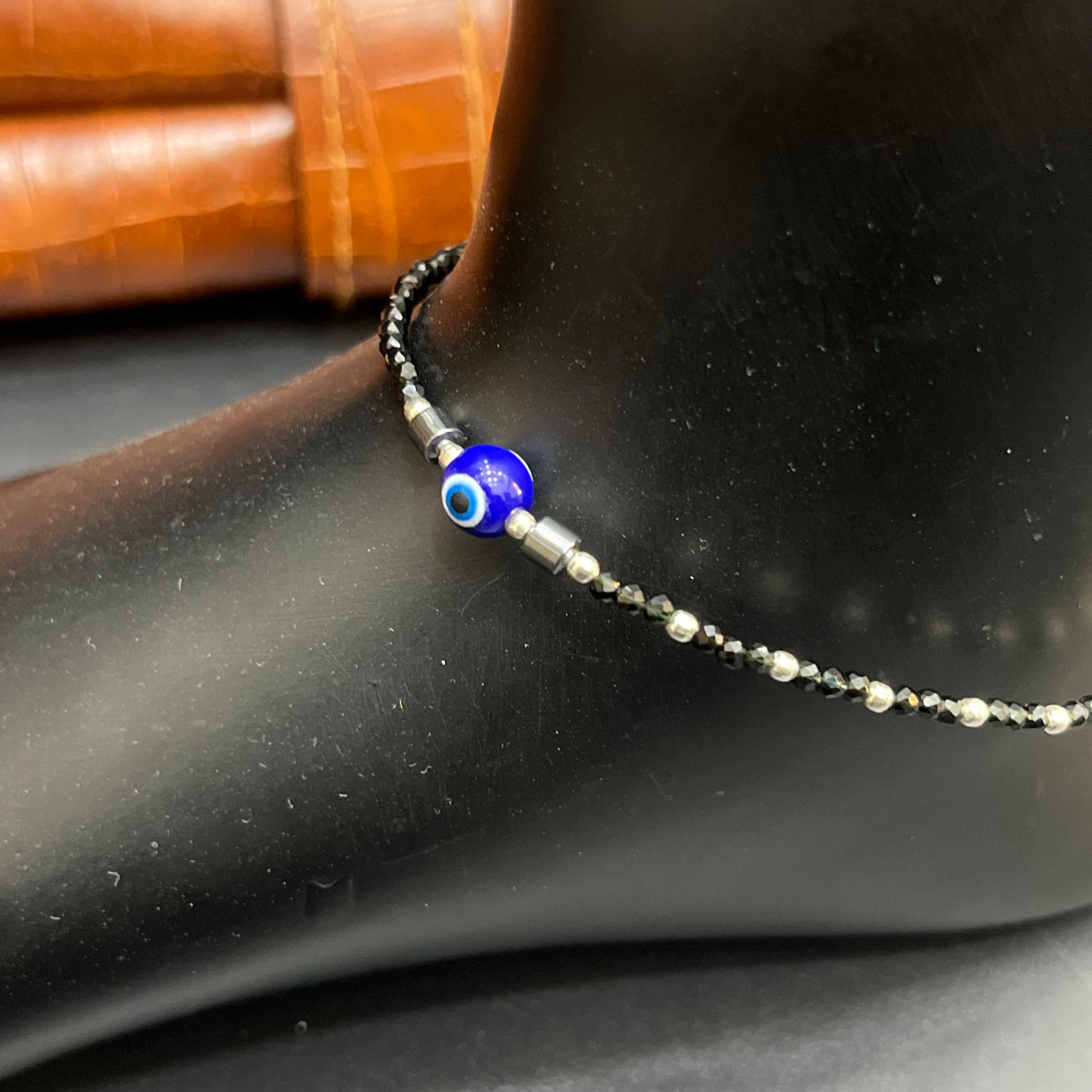 Silver Ladies Anklet Black Beeds Evil Eye 925