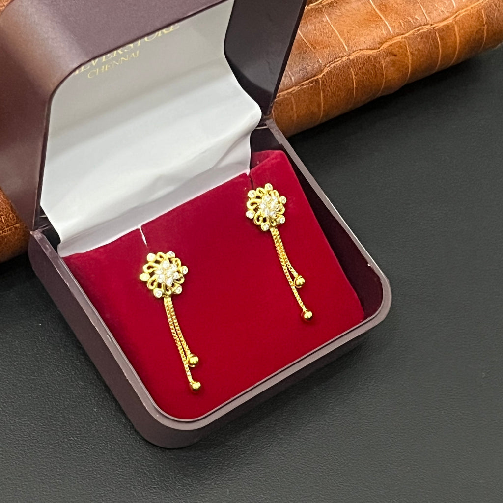 Silver Ladies Stud Flower White Stone Two Chain Line Drop Gold Finished 925