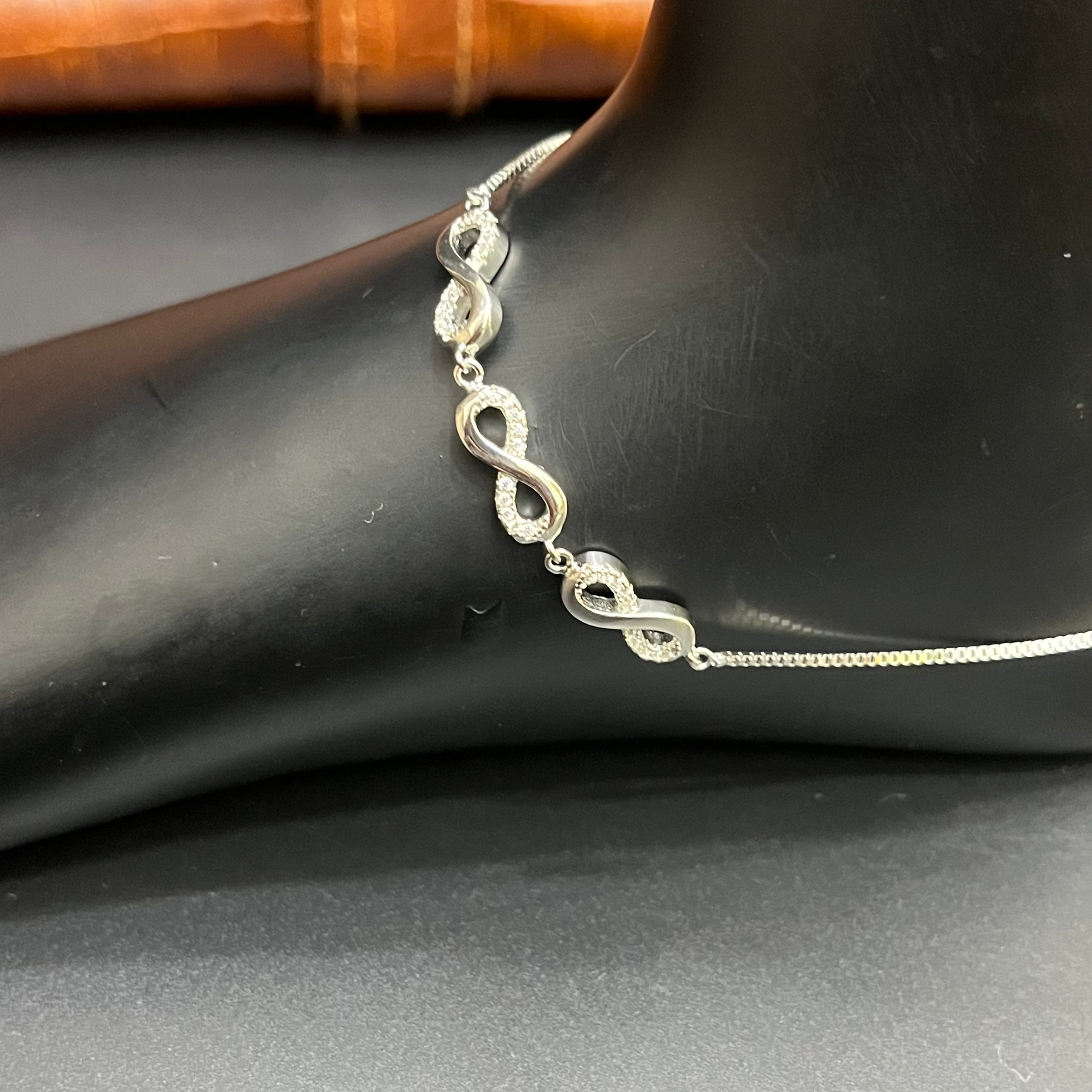 Silver Ladies Anklet Three Infinity Crystal Stone 925