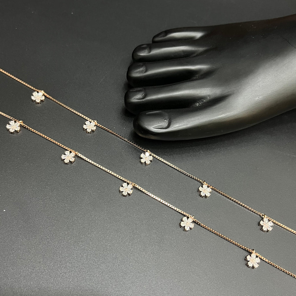 Silver Ladies Anklet Petal Leaf Drops Rose Gold 925