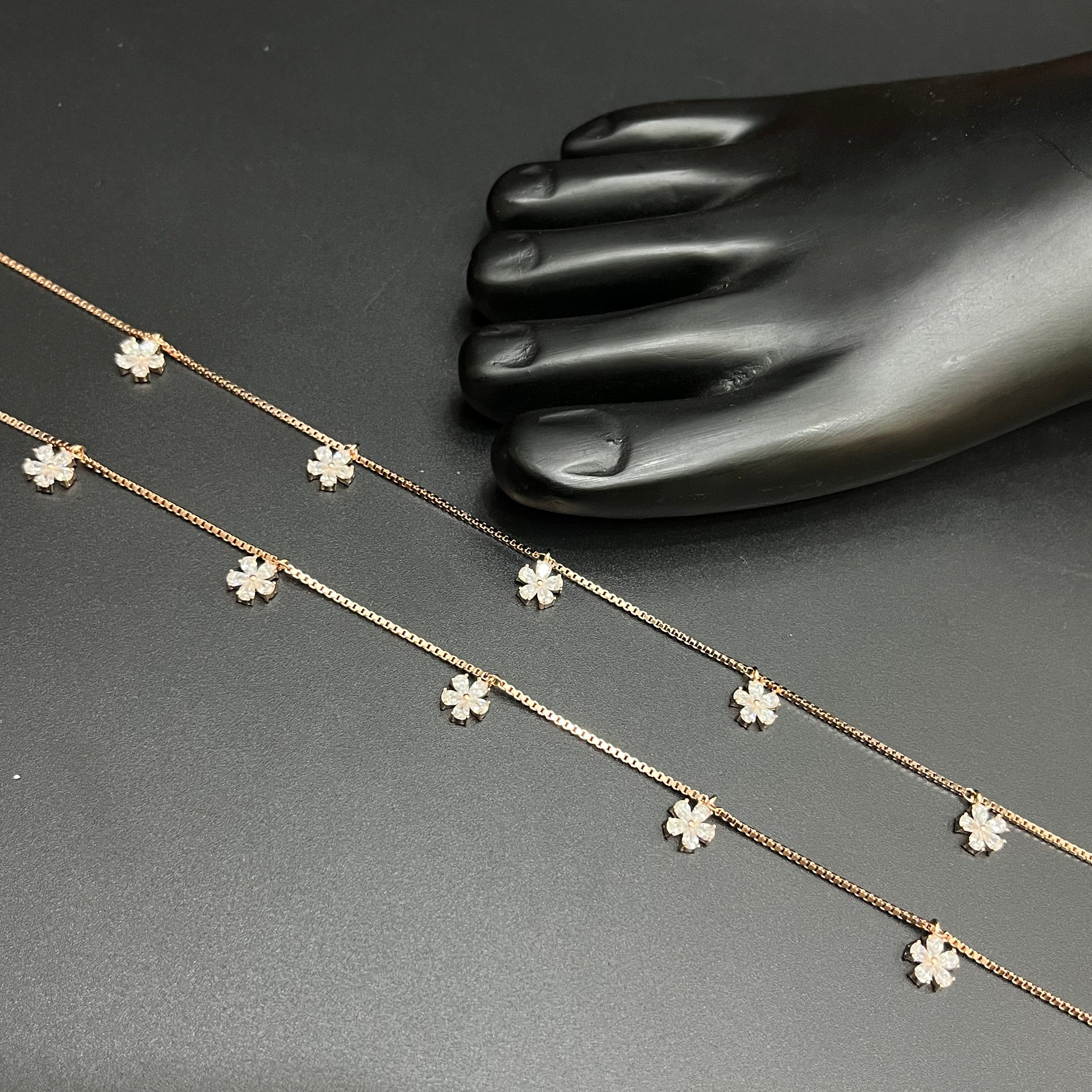 Silver Ladies Anklet Petal Leaf Drops Rose Gold 925