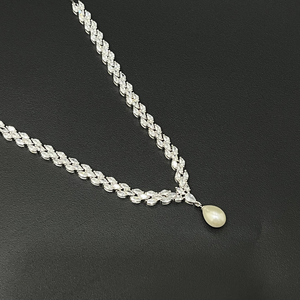Silver Necklace CZ American Diamond with Pearl Hanging Stones