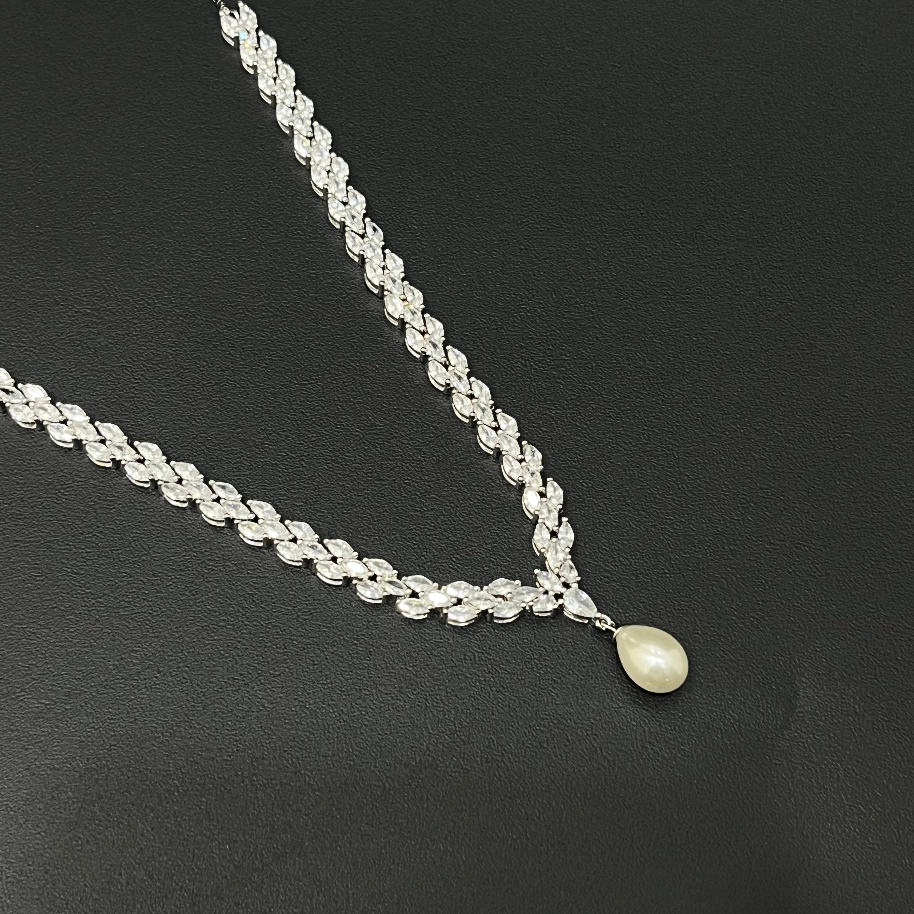 Silver Necklace CZ American Diamond with Pearl Hanging Stones