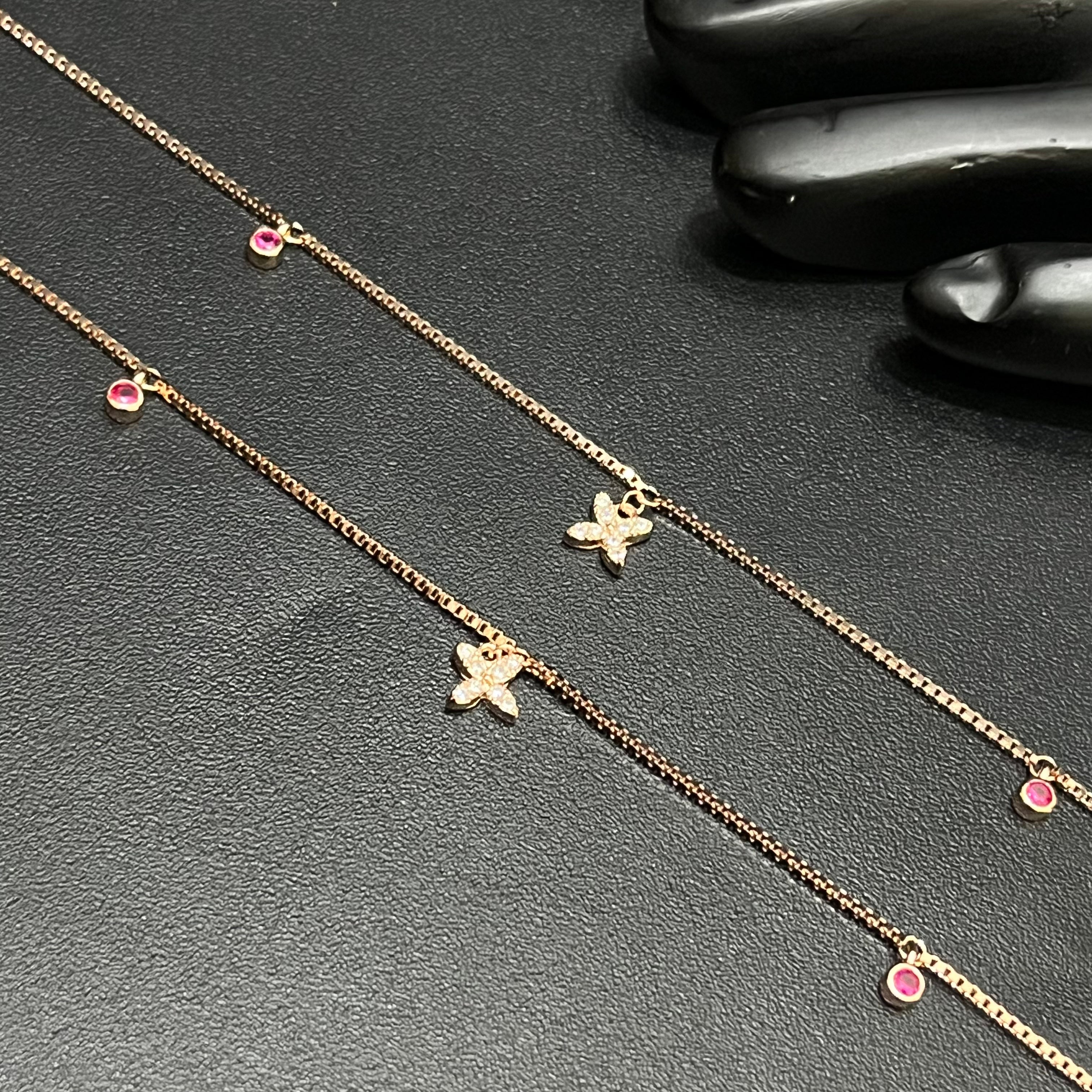 Silver Ladies Anklet Butterfly Grace Red Stone Rose Gold 925