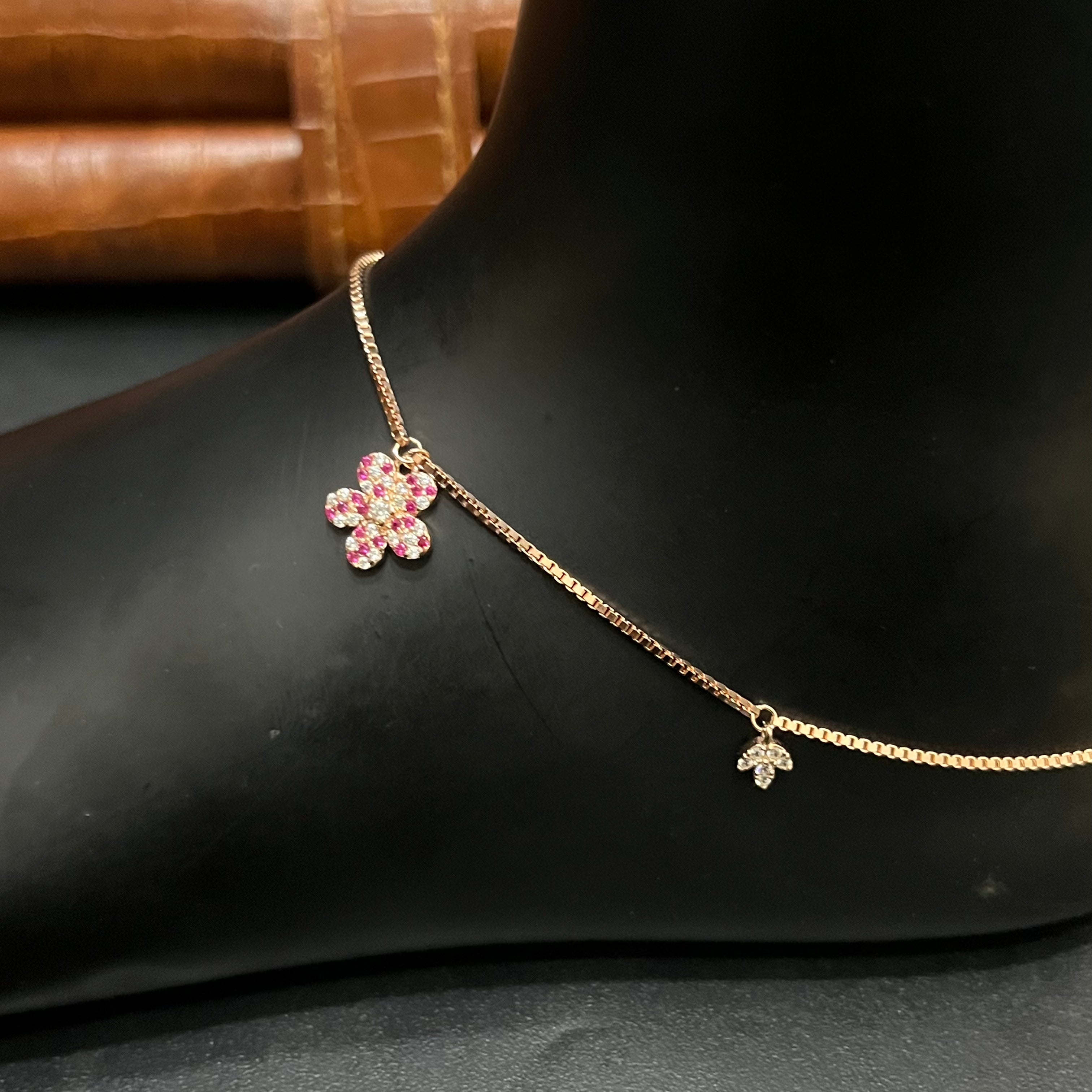 Silver Ladies Anklet Pink Blossom Sparkle Rose Gold 925