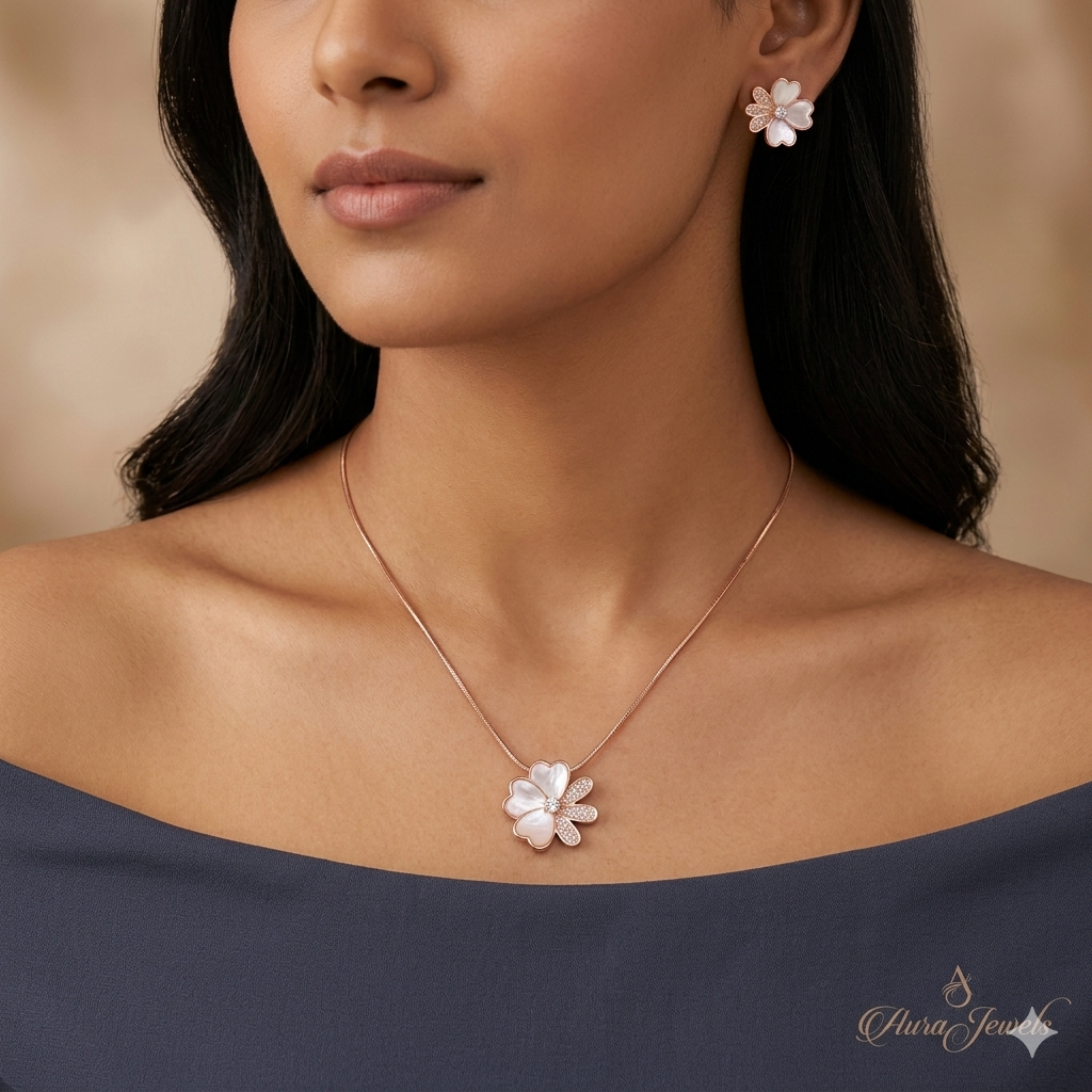 Silver Ladies Pendant Chain Flower Petals Rosegold
