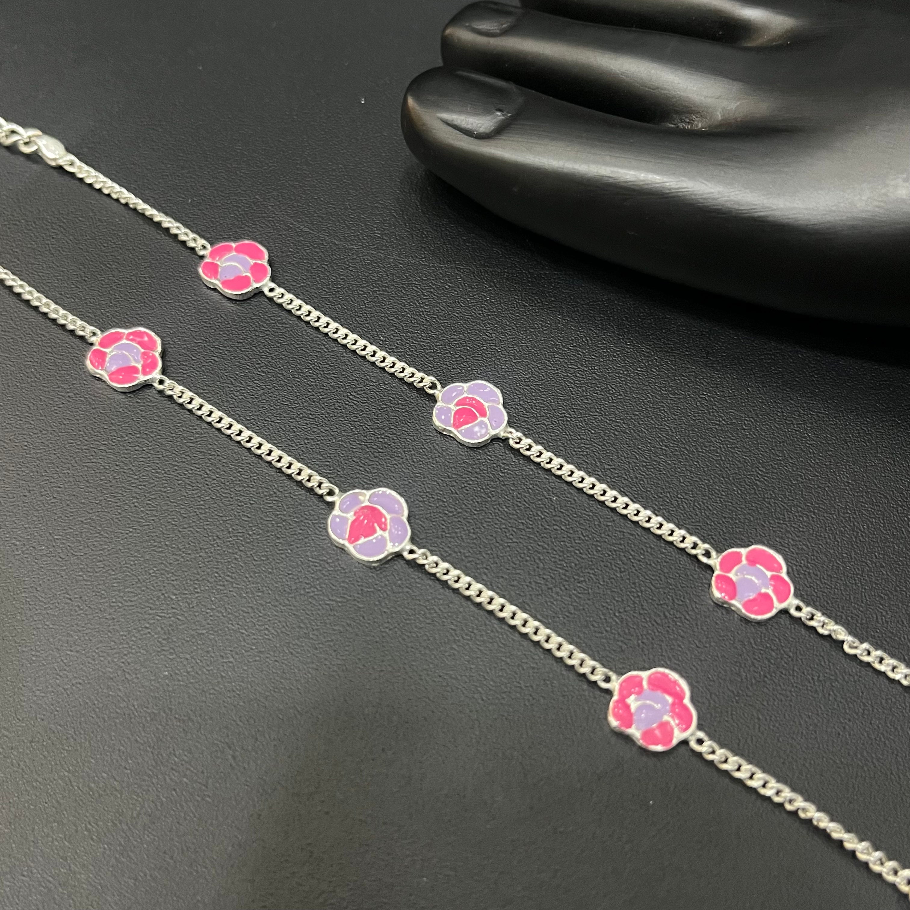 Silver Baby Anklet Colured Pink Flower