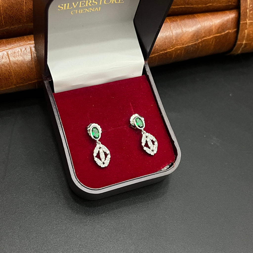 Silver Ladies Pendant Chain Set Green Crystal Floral Drop 925