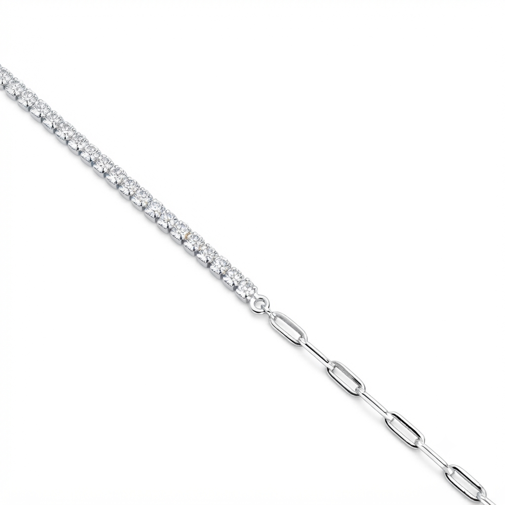 Silver Ladies Bracelet Line White Stone With Interlock 1 925