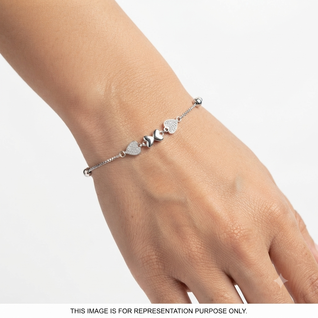 Silver Ladies Bracelet White Stones Heart & Beads 1 925
