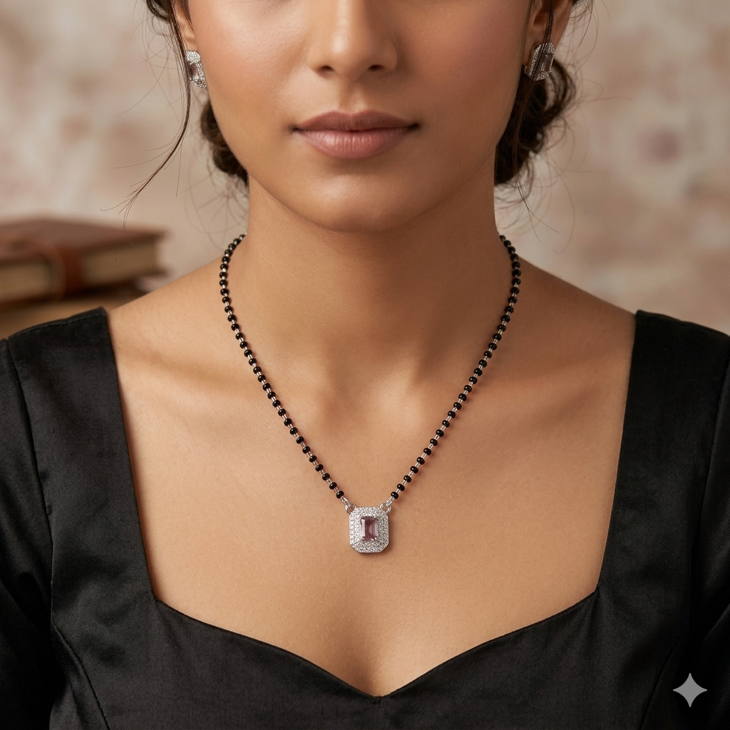 Silver Ladies Chain Black Beads Pink Shade