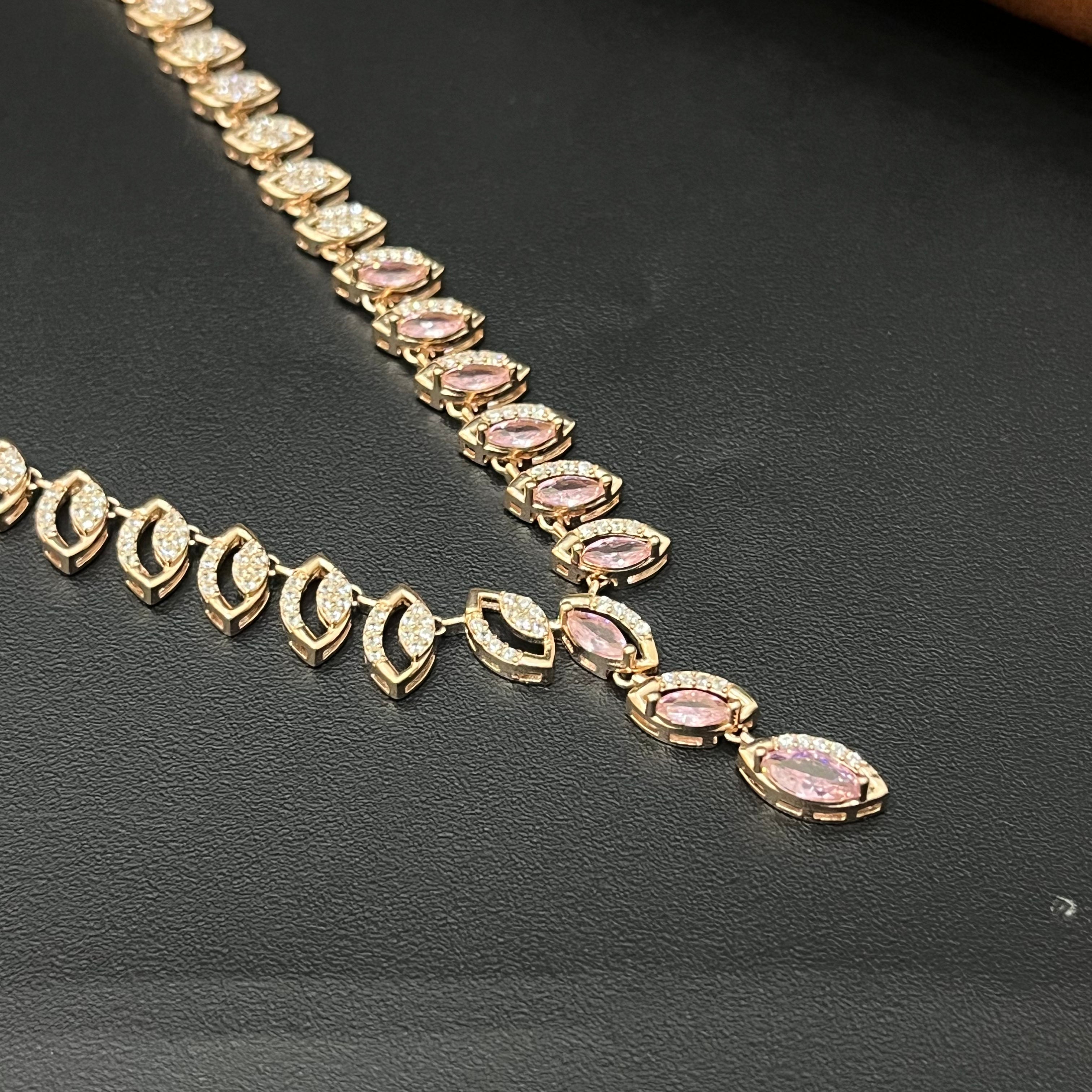 Silver Neckalce Designer Cz Leaf American Diamond Rosegold Finished
