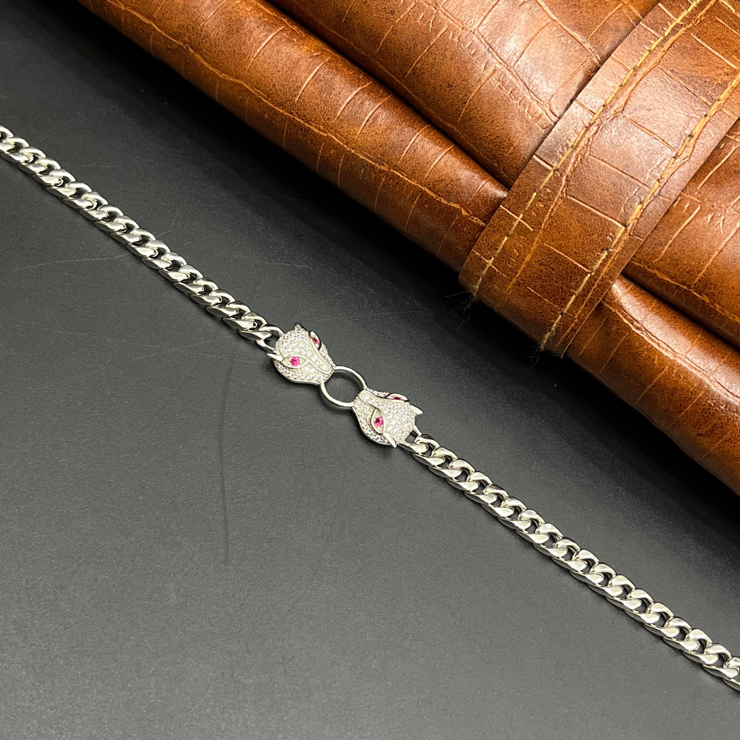 Silver Ladies Bracelet Twin Monster Mostif Cuban Link 925