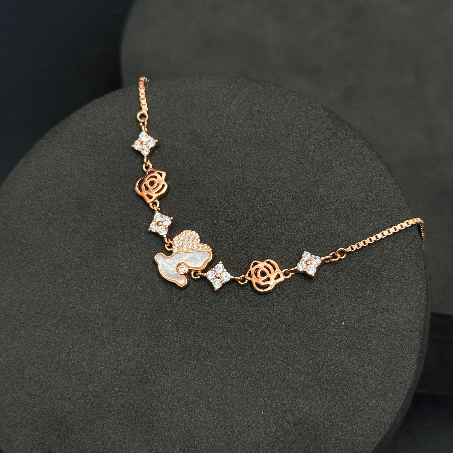 Silver Ladies Adjustable Push Lock Bracelet_Rosegold Flower
