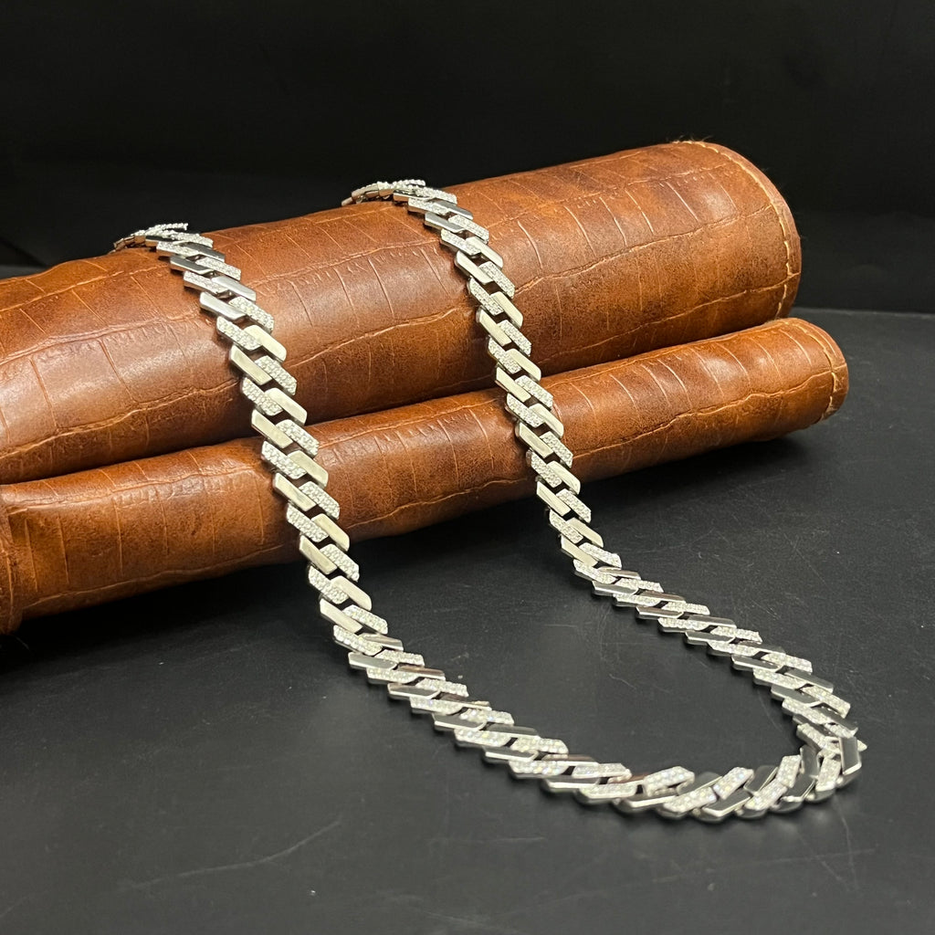 Silver Mens Chain Luxury Cuban Cut Diamond Stones M02 925