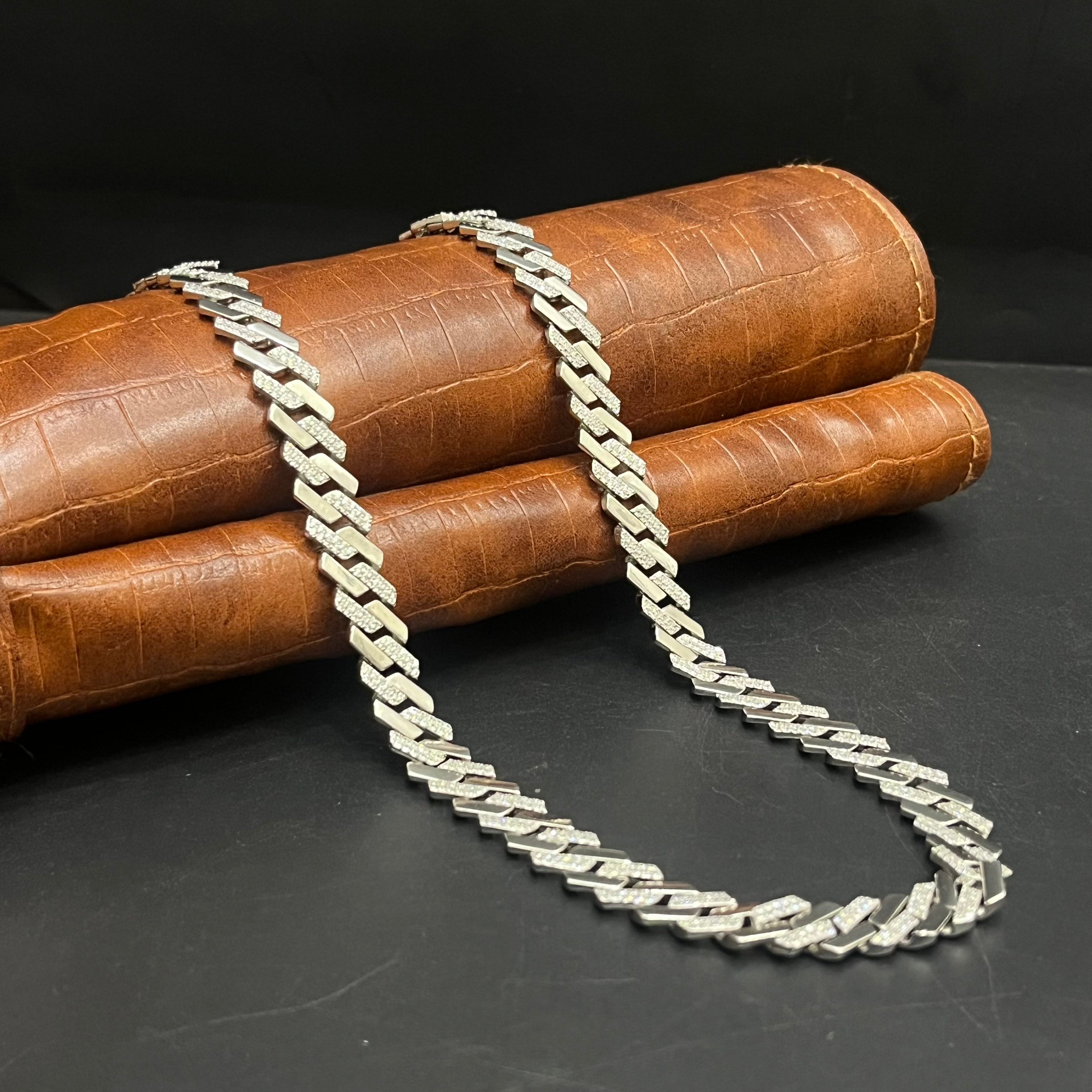 Silver Mens Chain Luxury Cuban Cut Diamond Stones M02 925