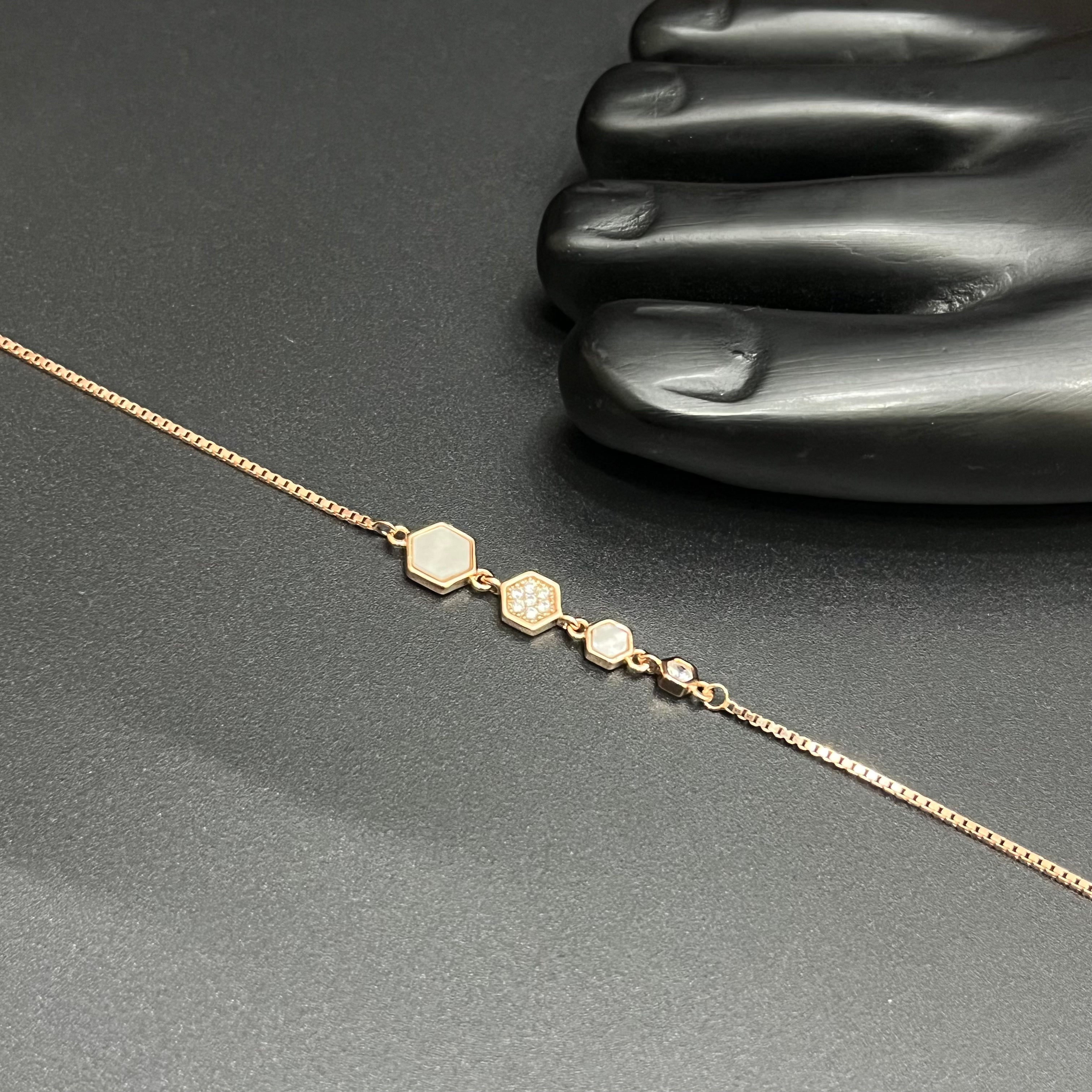 Silver Ladies Anklet Royal Hexagon Charm Rose Gold 925