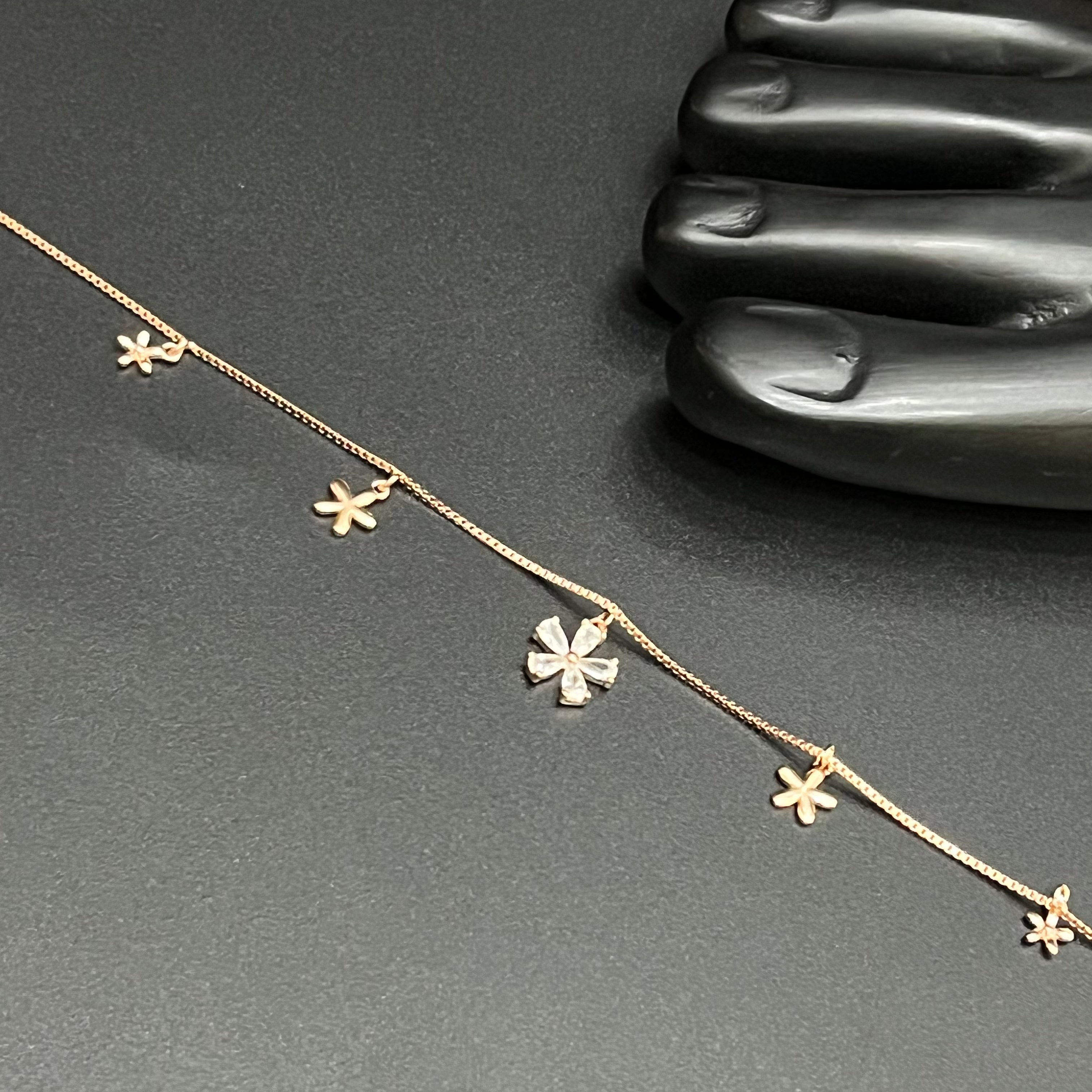 Silver Ladies Anklet Petal Leaf And Drop Rose Gold 925