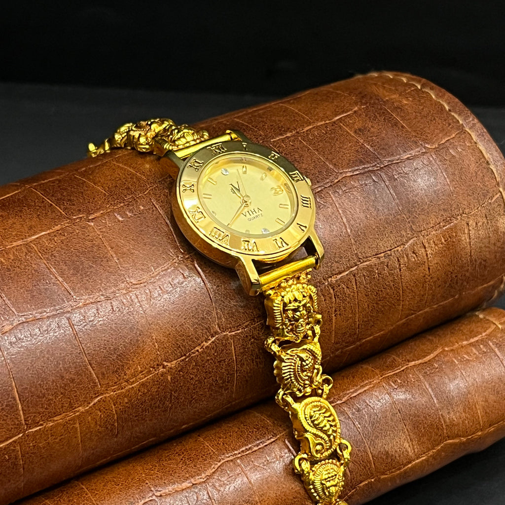 Silver Ladies Watch Antique Peacock And Lakshmi Temple Art Gold Finish 925