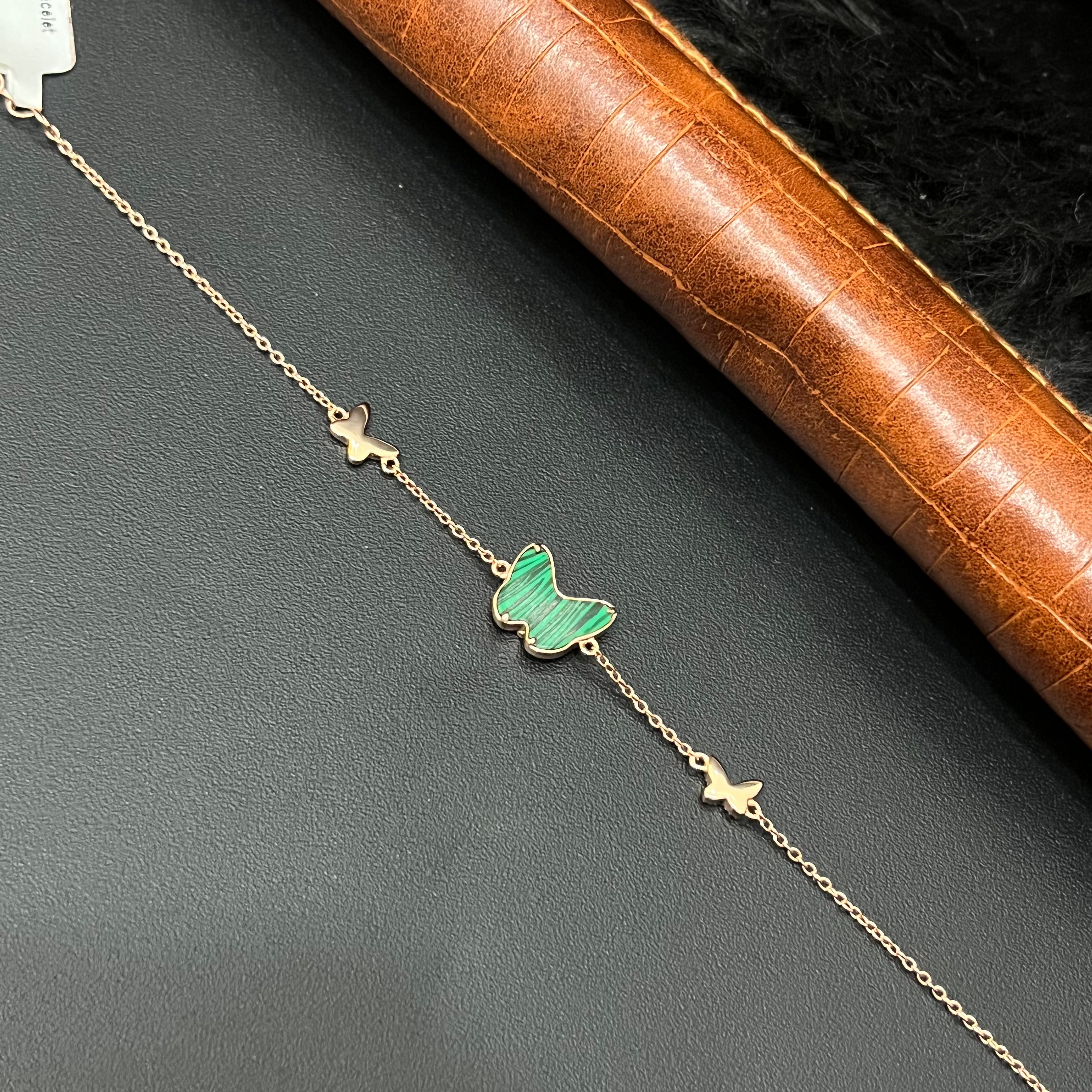 Silver Ladies Bracelet Green Matt Butterfly Rosegold