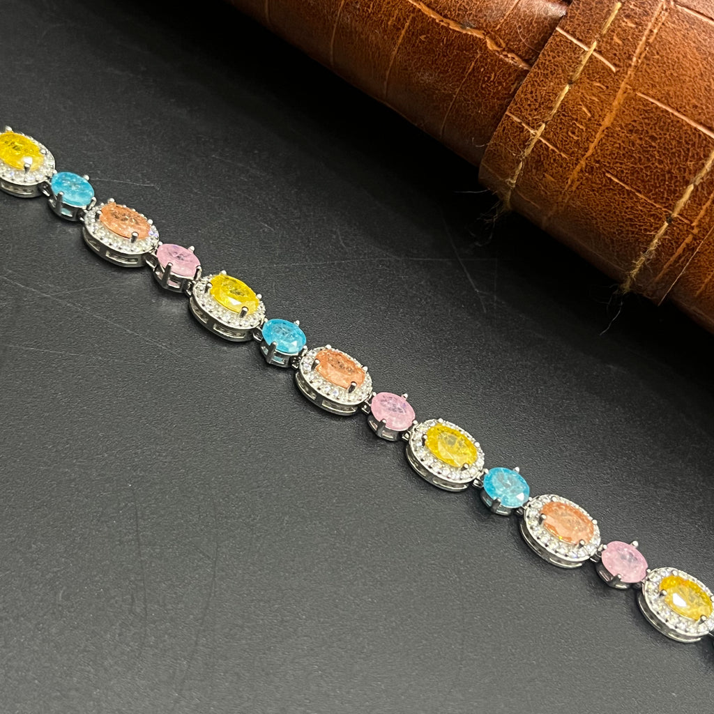 Silver Ladies Bracelet Rainbow Crystal Oval Link M03 925