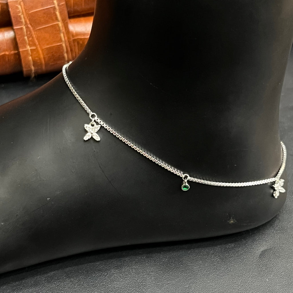 Silver Ladies Anklet Butterfly Grace Green Stone 925