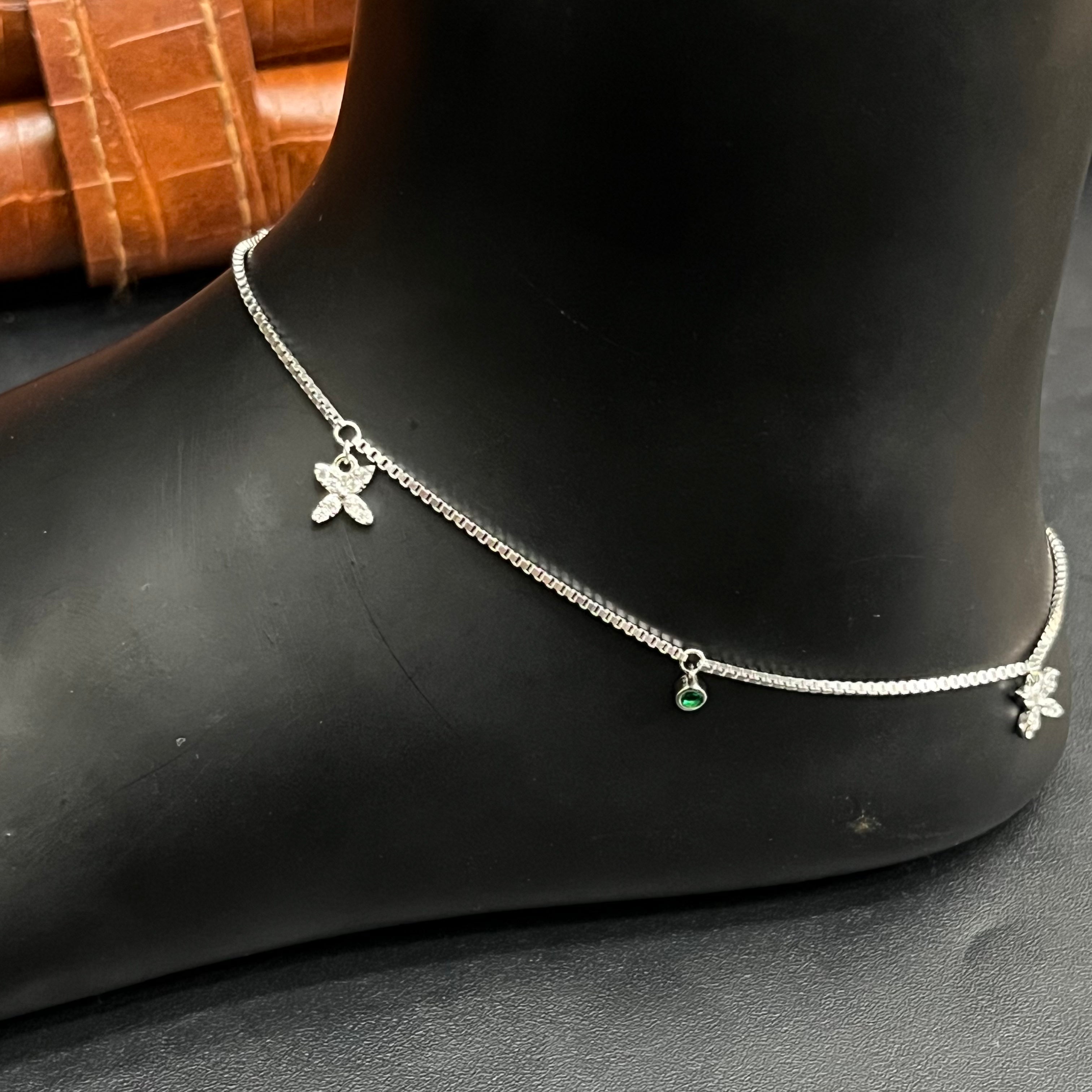 Silver Ladies Anklet Butterfly Grace Green Stone 925