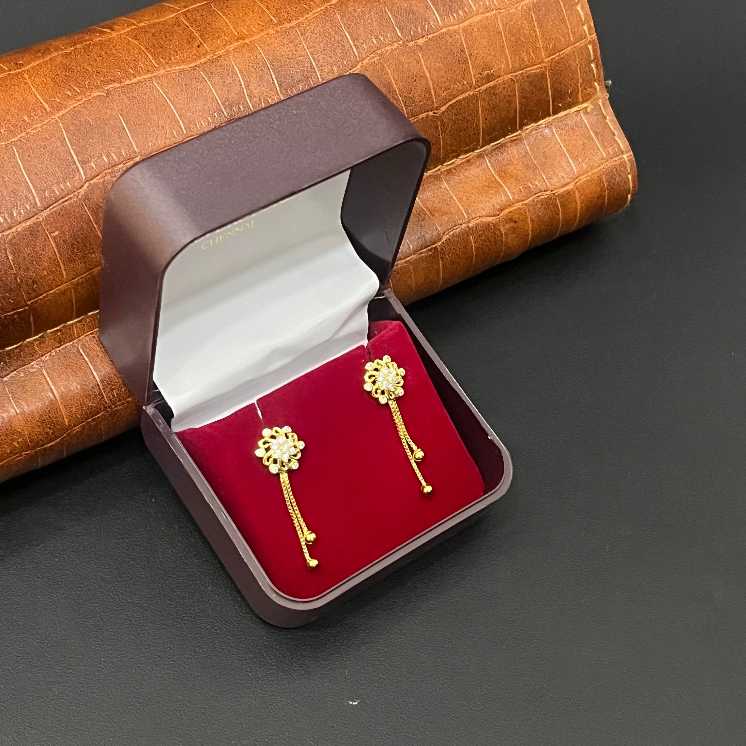 Silver Ladies Stud Flower White Stone Two Chain Line Drop Gold Finished 925