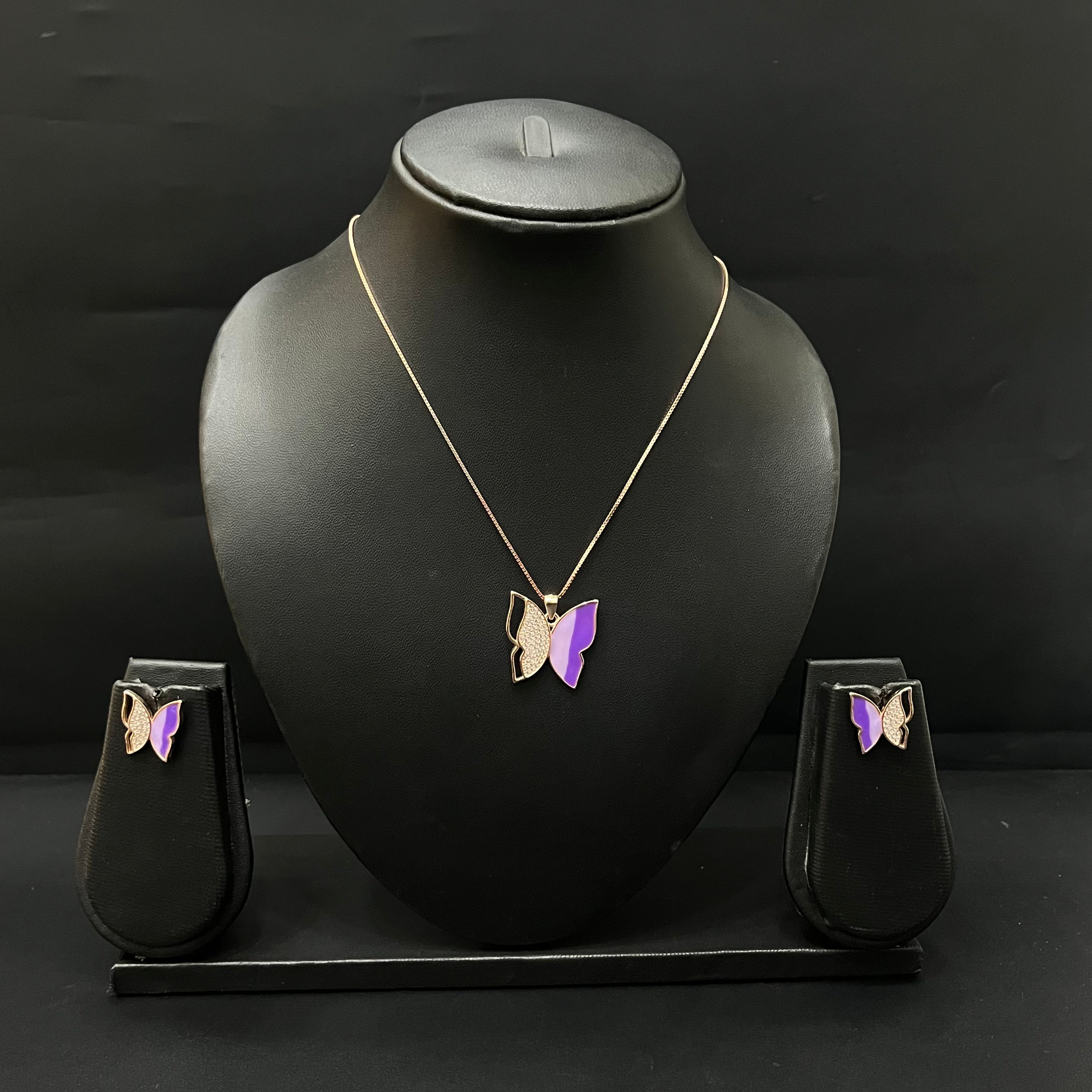 Silver Ladies Pendant Chain Purple Butterfly Rosegold