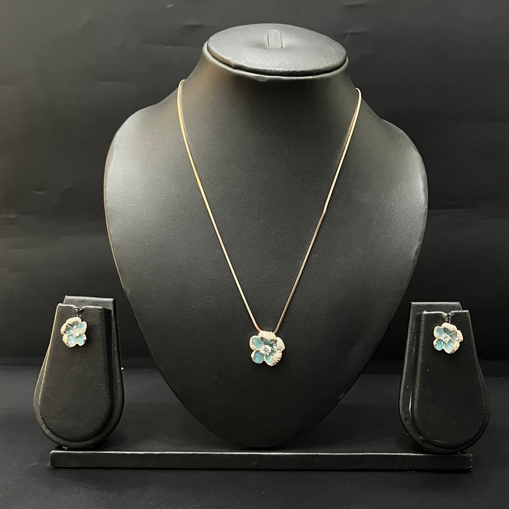 Silver Ladies Pendant Chain Blue Floral Rosegold