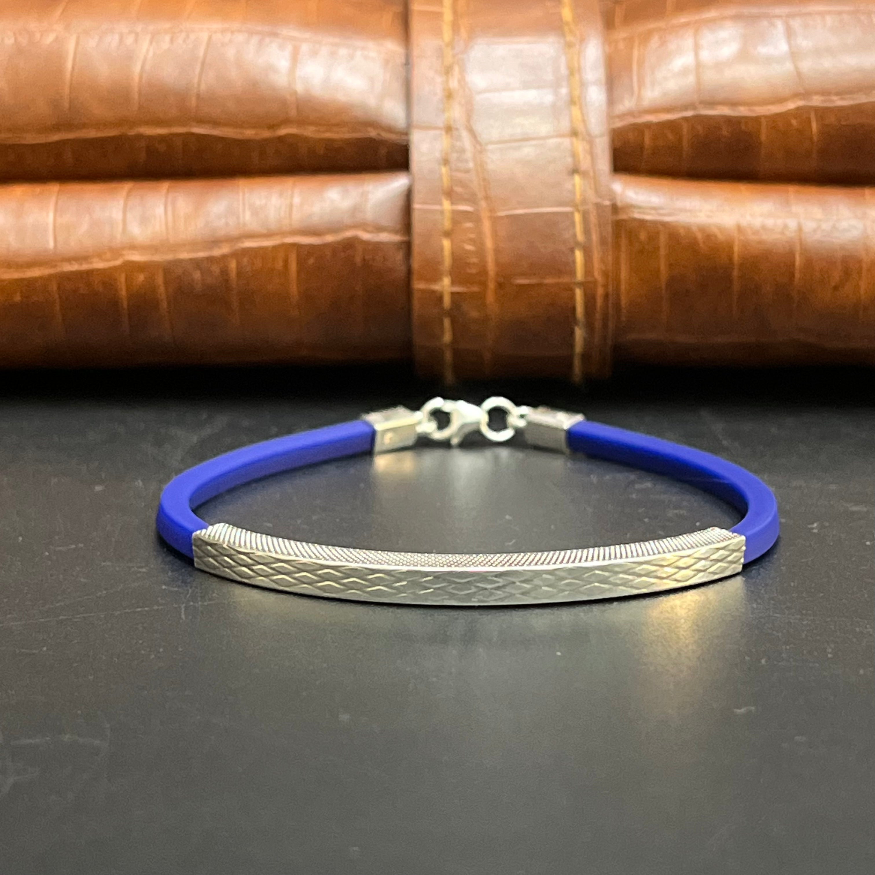 Silver Mens Bracelet Classic Blue Band Link 925