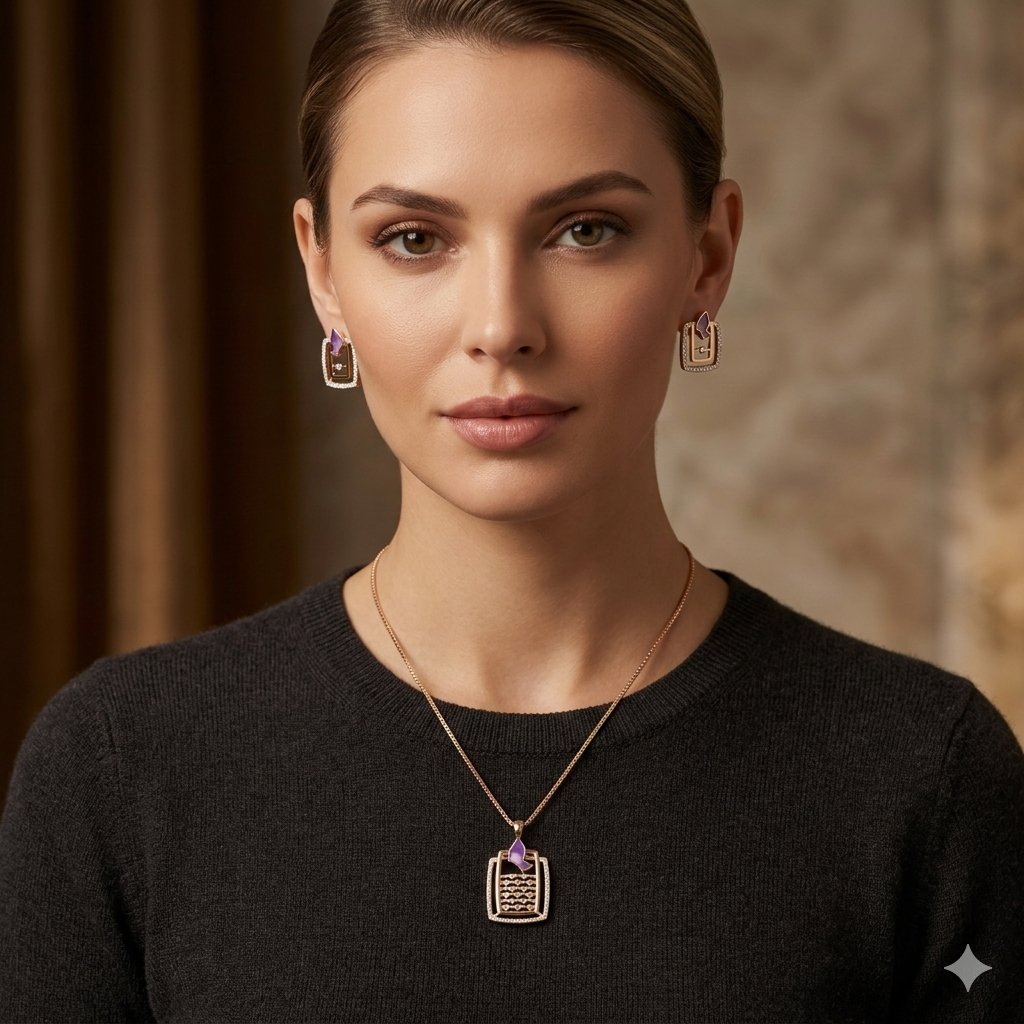 Silver Ladies Chain Set Rectangle Purple  Butterfly  RG