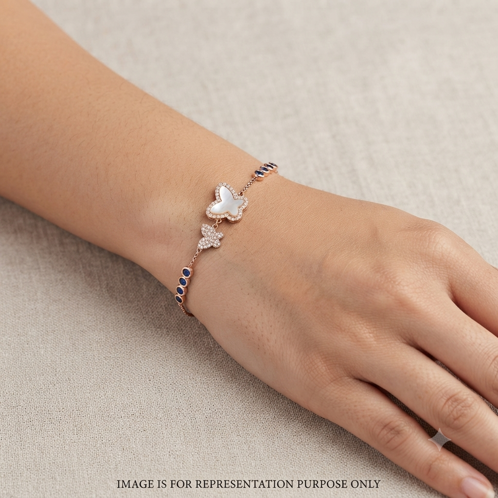 Silver Ladies Bracelet Royal Butterfly Charm & Blue Stone Rose Gold 925